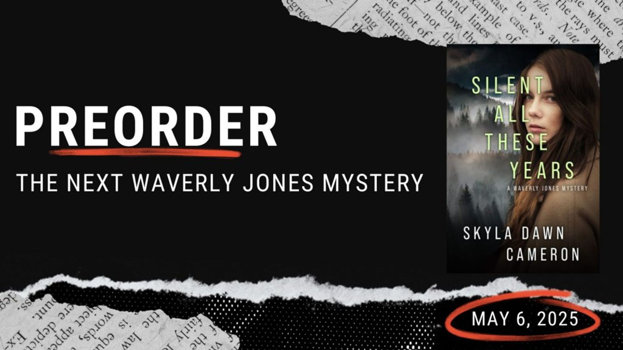 A promo image for the next Waverly Jones Mystery which is out May 6. The book cover shows a woman looking over her shoulder at the camera and trees in the background. The promo image has torn paper to have a true crime sort of vibe.