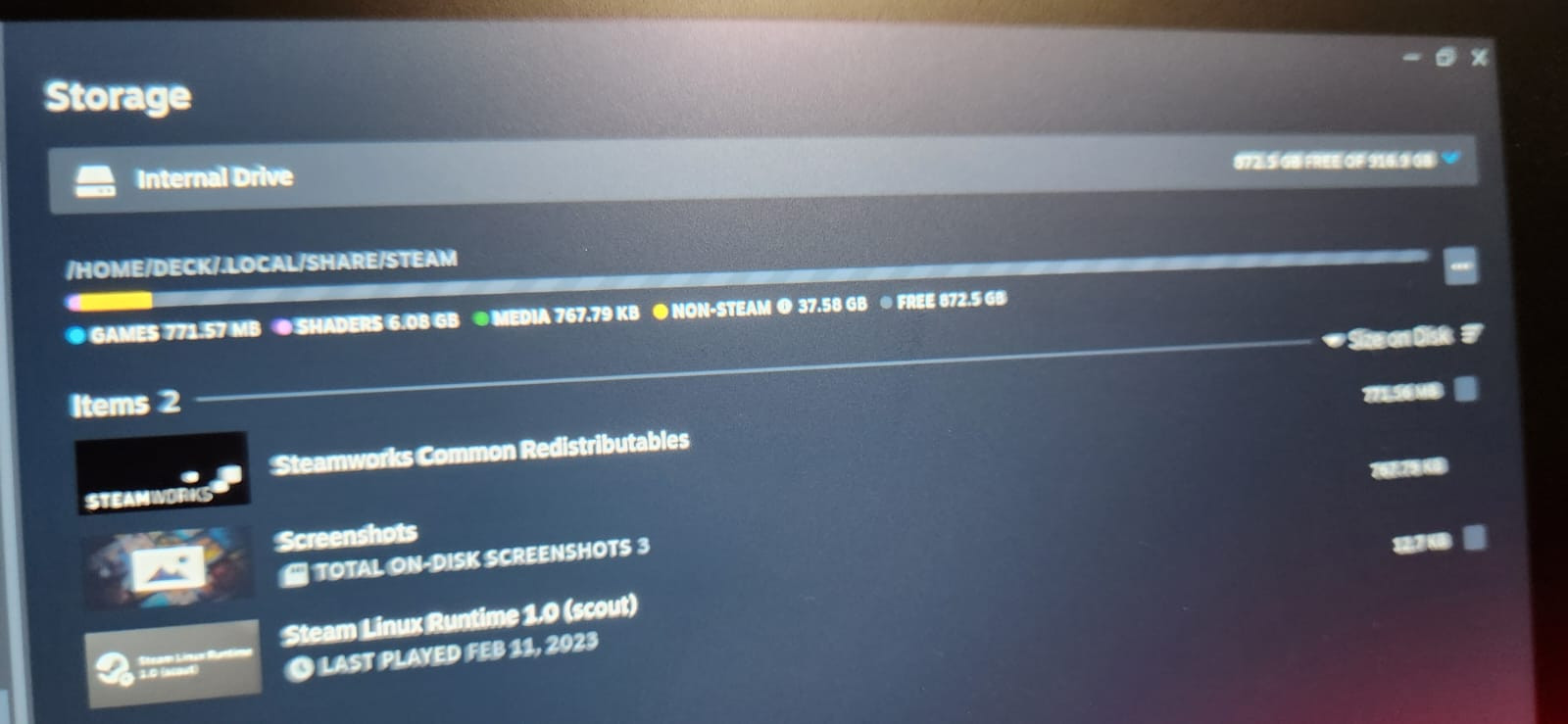 Foto da sessão de armazenamento da Steam instalada no Steam deck, mostrando o reconhecimento do espaço livre no novo SSD de 1Tb