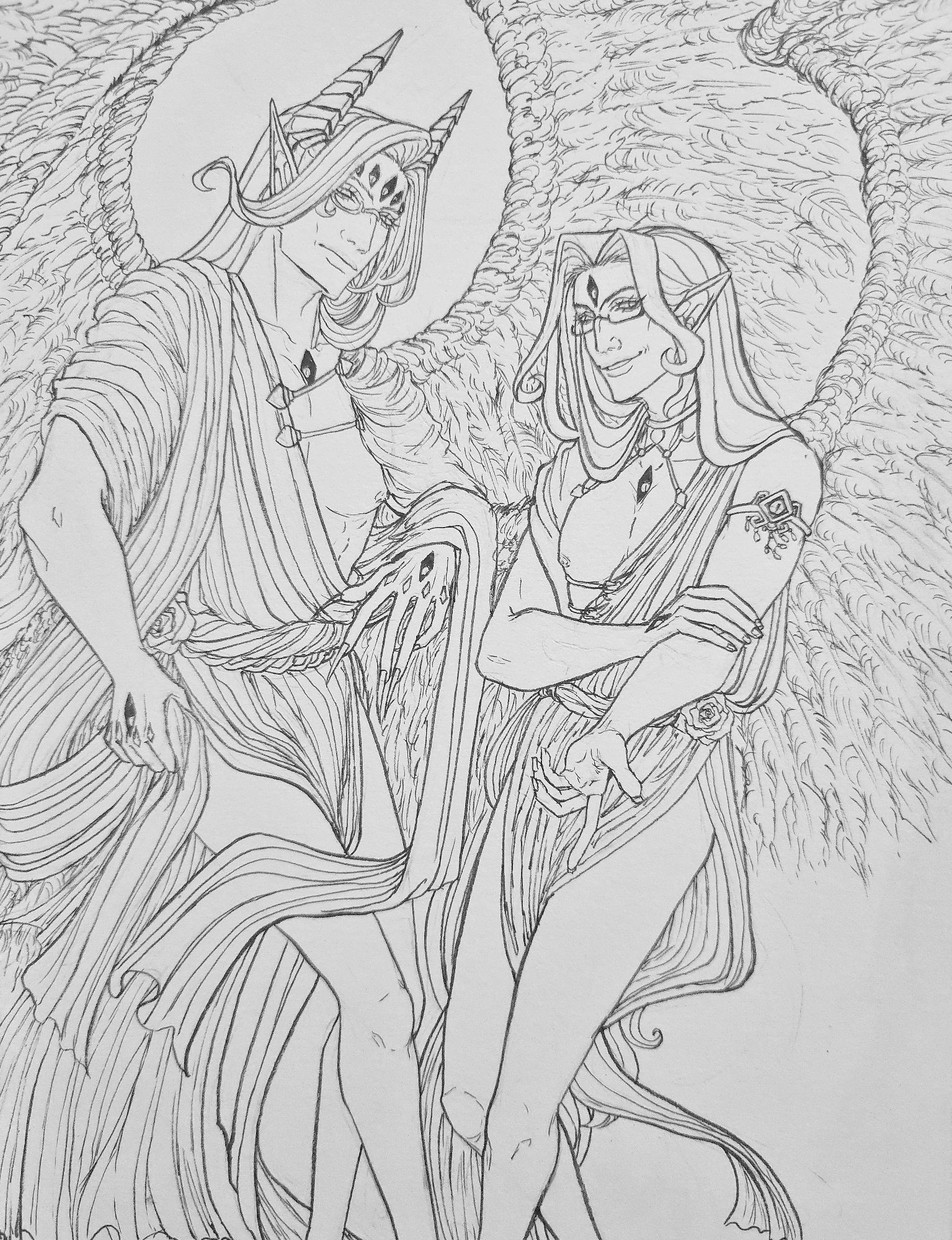 Black and white lineart drawing depicting two characters from epic seven; Sage Baal (a tall, long-haired man with five vertical eyes on his forehead, tall horns, pointed ears, and a Monacle over his right eye) on the left, and Baal (fire) (a man with long hair, one vertical eye in the middle of his forehead, pointed ears and a pair of glasses) on the right.

They both possess large wings and flowing robes. Sage Baal stares towards the 'camera' with authority, whilst Baal (fire) gestures towards the 'camera' with a smirk.