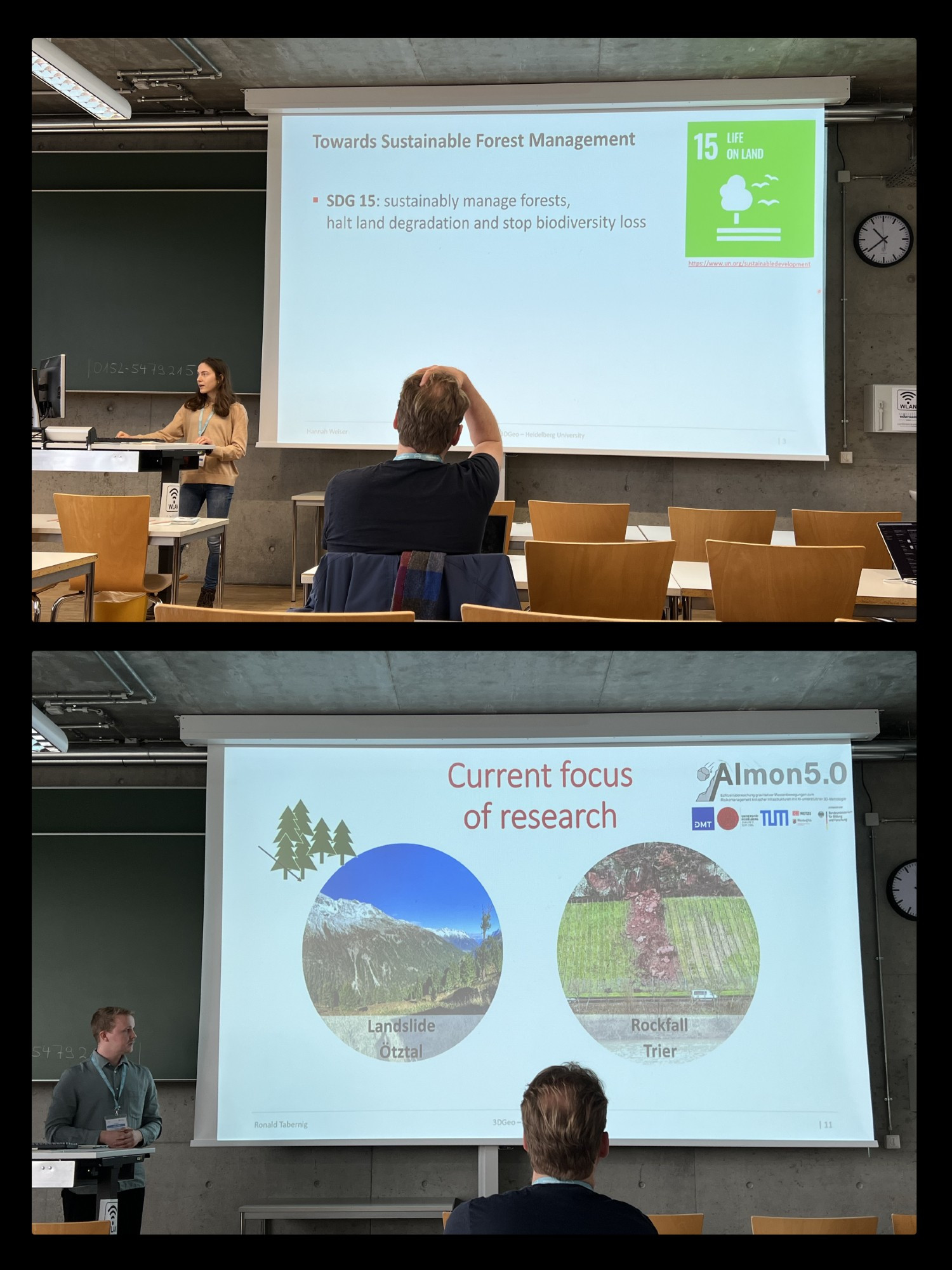 Collage of two images, showing the students in front of big screens, presenting their work to the audience.