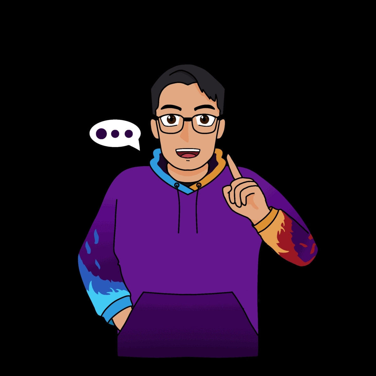 A gif showing my PNGTuber talking with a speech bubble and the left hand pointed up as if making a point. The PNGTuber has a purple hoodie with blue and red fire designs on the left and right sleeve respectively.