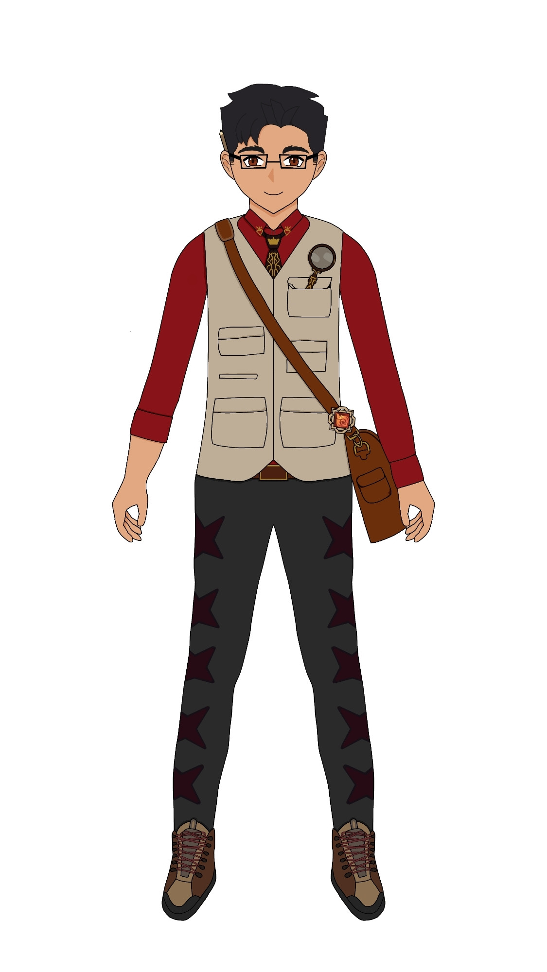 The neutral sprite of the Genshin OC, Ignacio. He has short brown hair and glasses. He wears a khaki vest with many pockets with a magnifying glass stick out of his upper left pocket. He is wearing a red dress shirt with a brown tie that has golden grown designs. He has grey pants and brown shoes. He also has a brown, leather bag hanging from his right shoulder to his left hip that shows his Liyue Pyro vision