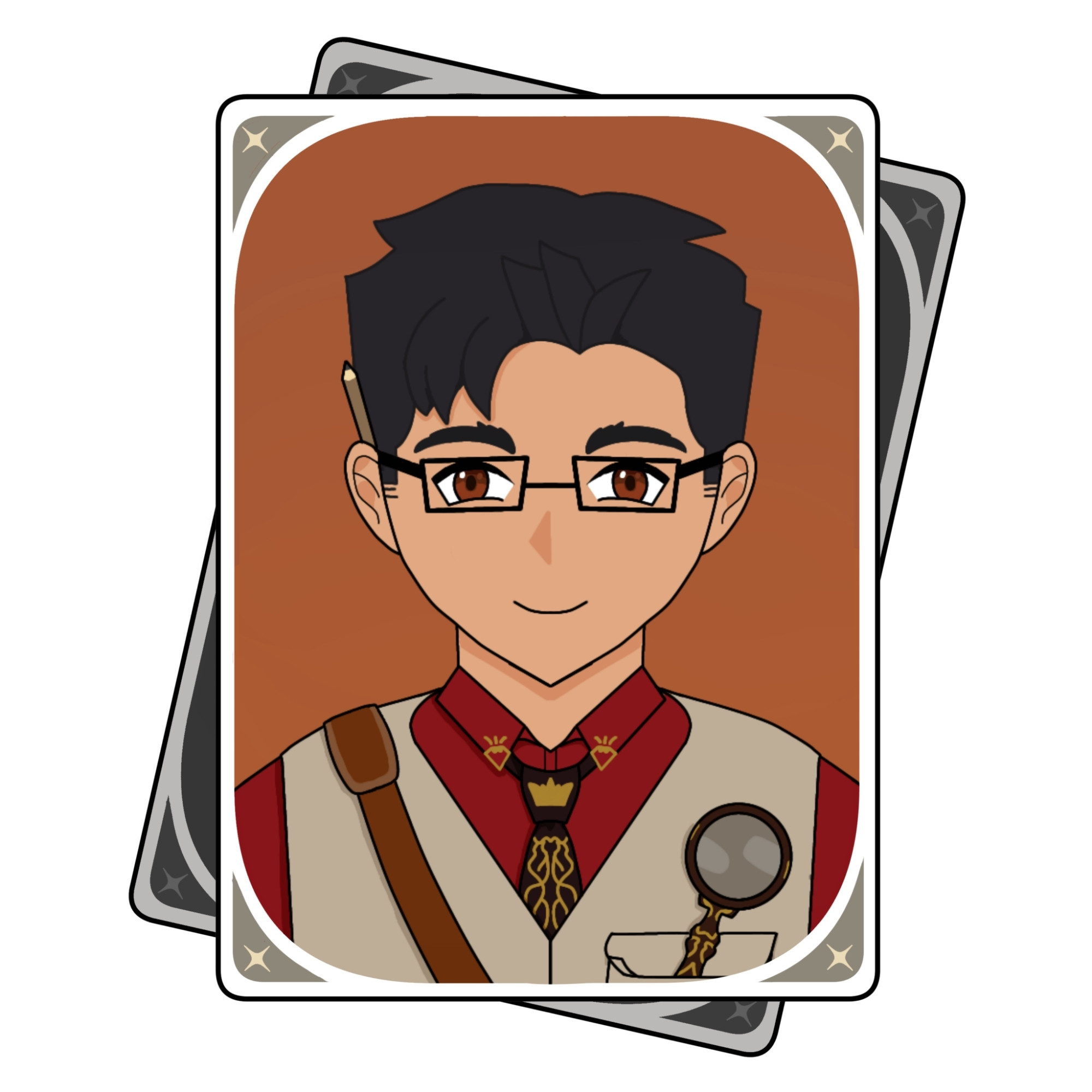 The character card for Ignacio showing his bust. It shows his short black hair, khaki vest, magnifying glass, red dress shirt, and crown design tie