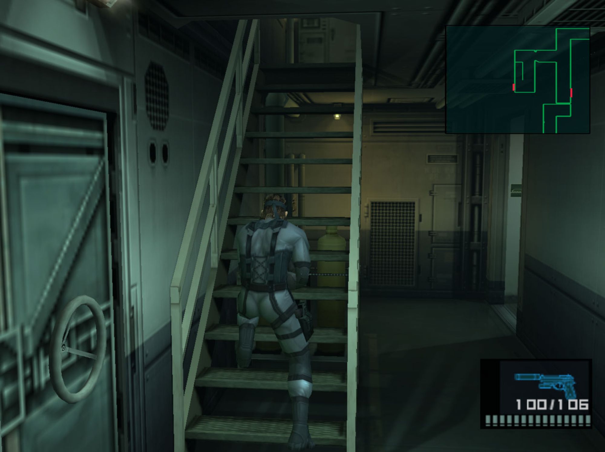 A screenshot from Metal Gear Solid 2 showing a similar hallway and staircase