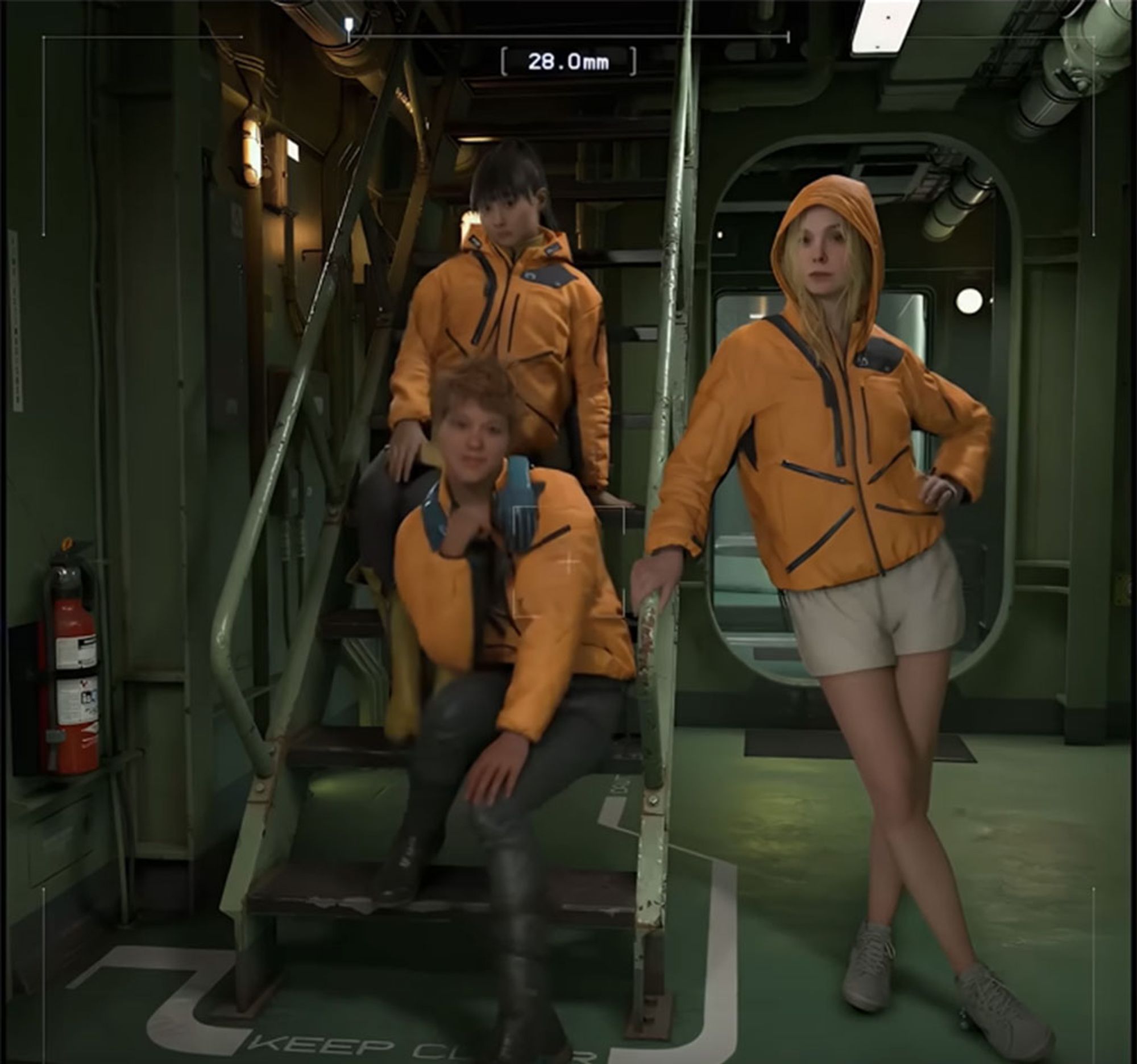 A screenshot from Death Stranding 2 showing three girls in an industrial looking hallway with a staircase