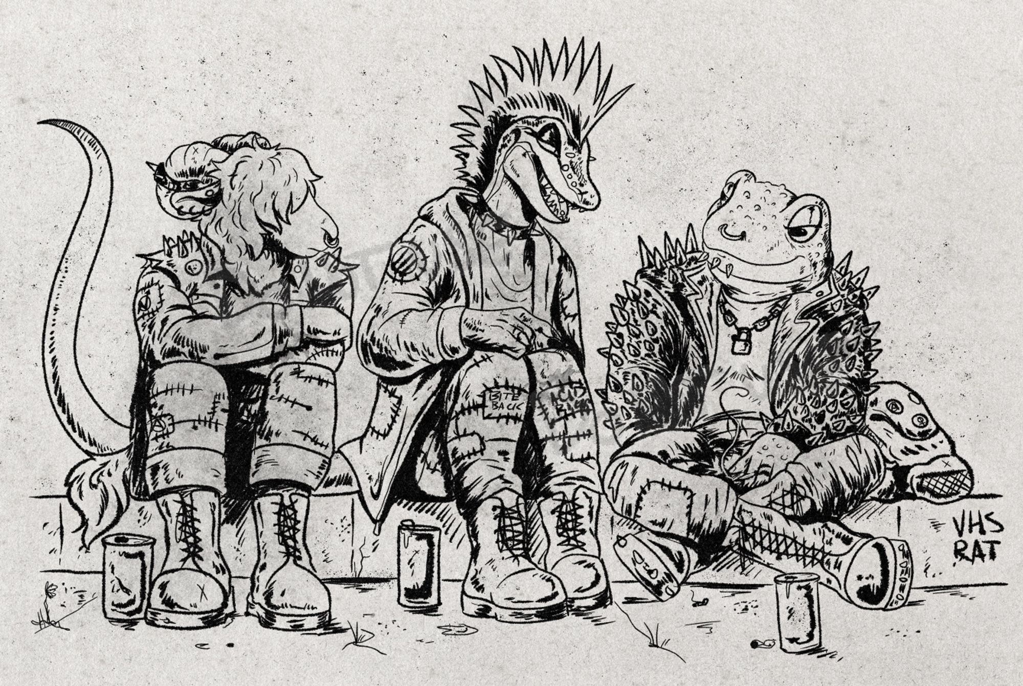 a black and white image depicting a trio of anthropomorphic animals are sitting on the roadside. a sheep, a lizard and a toad, all dressed in various punk styles of clothing