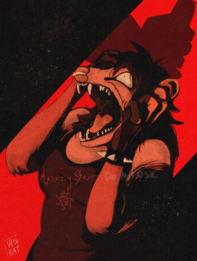 a red and black image depicting an anthropomorpic opossum wearing a tank top with 'mazzy star' written on it. She has messy black hair, a septum piercing and a spiky bracelet. The opossum is screaming as the show of a hand wielding a knife falls across her face.