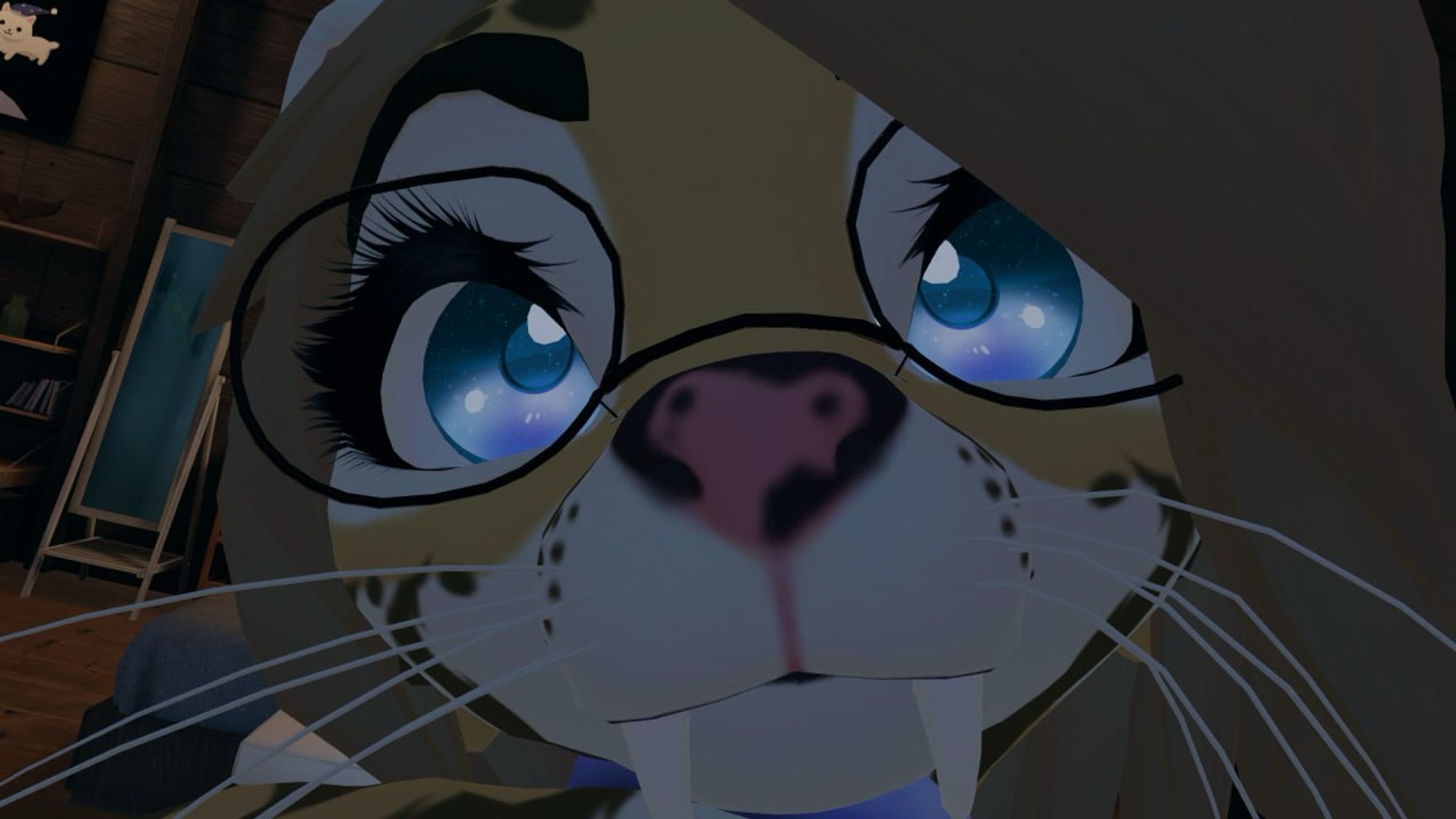 A cartoonish character with big blue eyes, glasses, and whiskers, resembling a cute feline. The background features wooden decor and a cozy atmosphere.