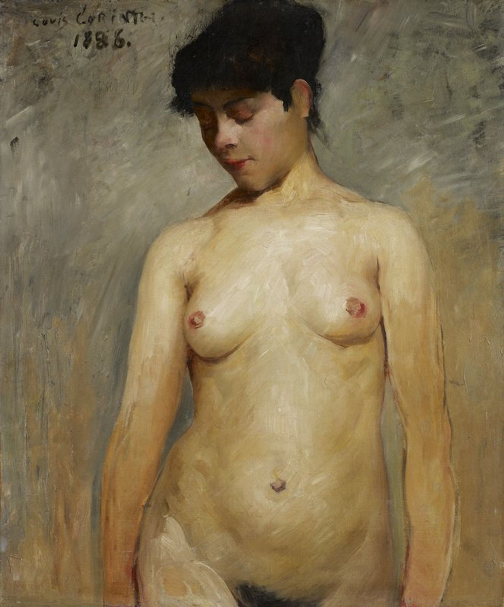 Born in East Prussia, Lovis Corinth spent almost the entirety of his training and career in Munich and Berlin. However, from 1884-87 the artist - who aspired to be a history painter - studied in Paris at the Académie Julian under the two celebrated artists, Tony Robert-Fleury and Adolphe William Bouguereau. Their teaching focused on life drawing - an approach that was particularly suited to the large figural compositions of history paintings. This life study is one of approximately twenty paintings - mostly nudes - that survive from Corinth's Parisian sojourn.