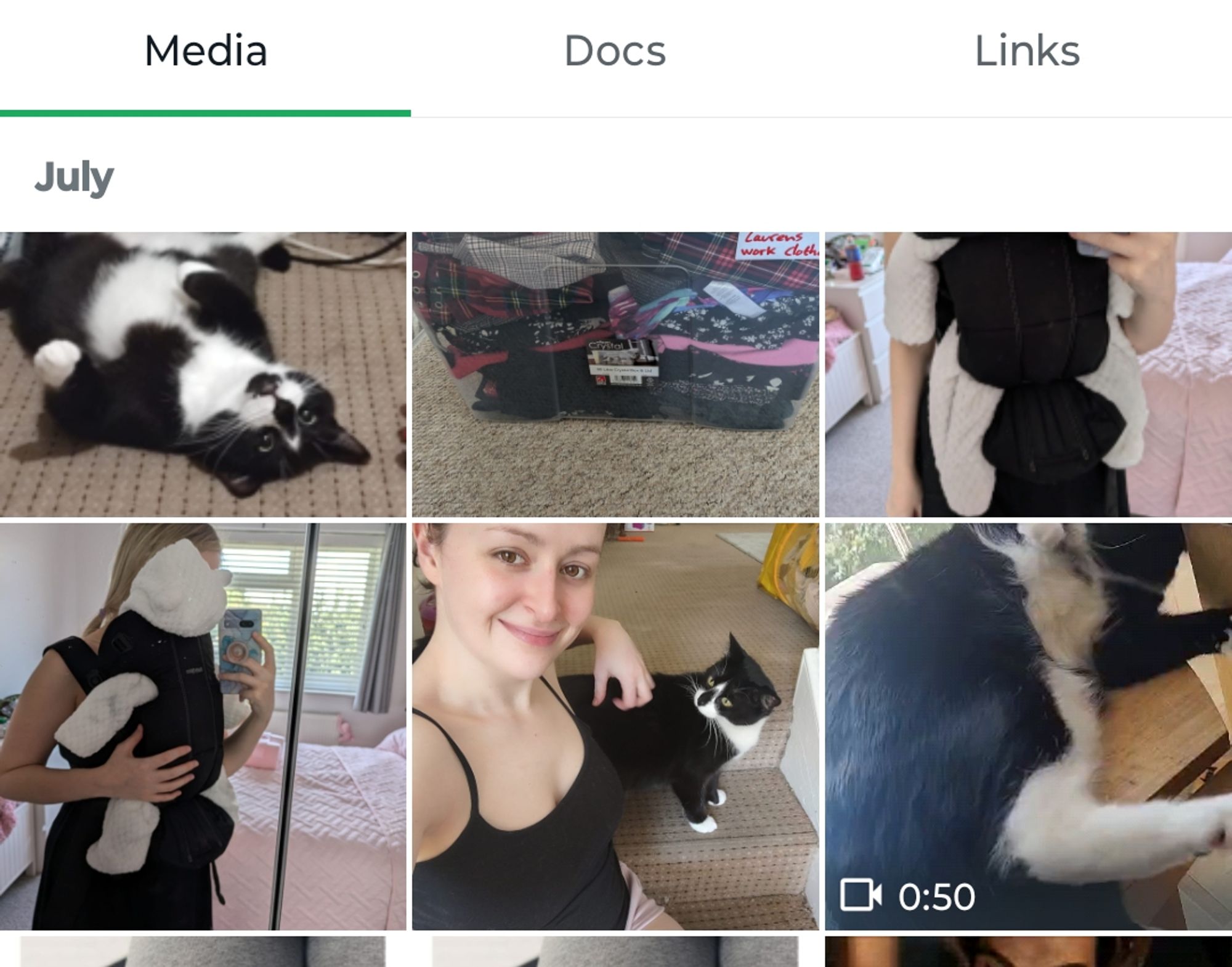 Various photos sent to a WhatsApp group chat by my sister and myself. Hers are normal pregnant person pics with clothes and baby carriers. Mine are of my cat