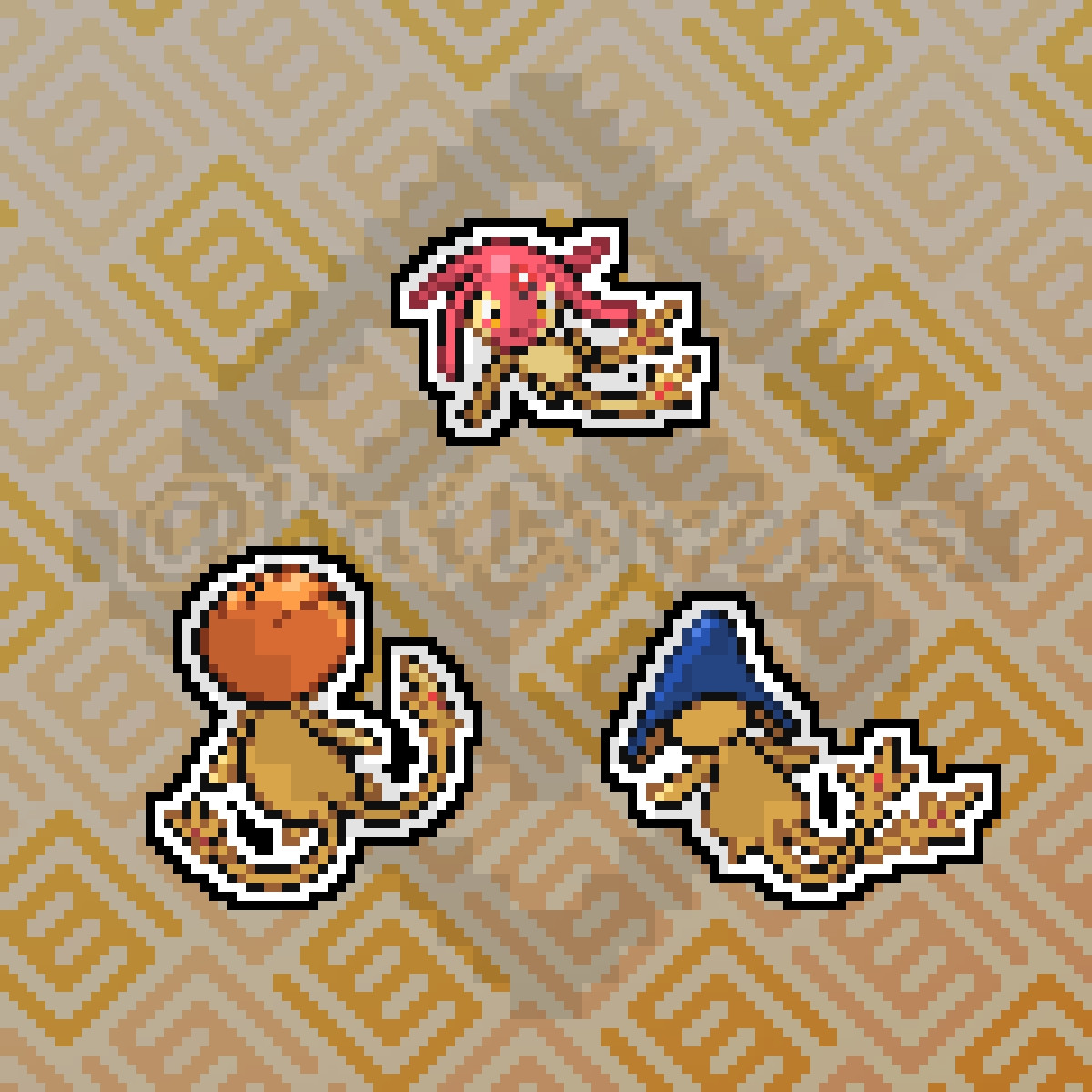 Shiny Uxie, Mesprit, and Azelf sprites, on a golden background branded with my logo