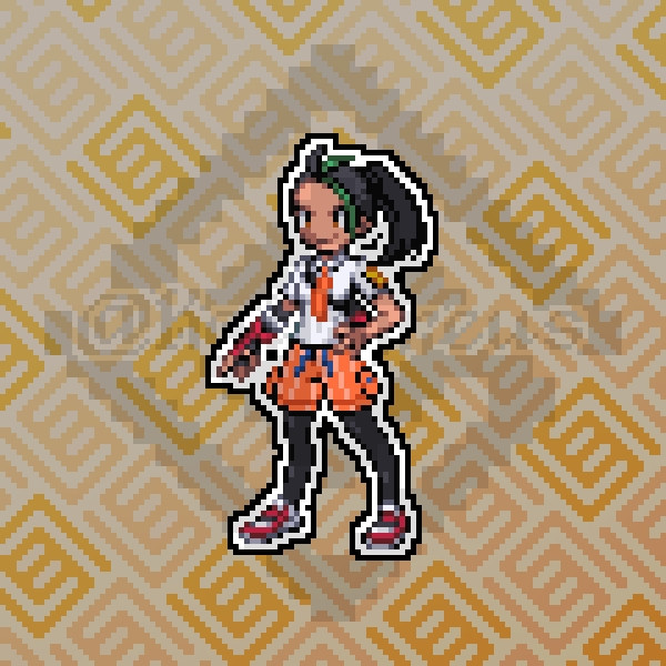 Pokémon Black & White style sprite of Nemona from Pokémon Scarlet & Violet, with a golden background branded with my logo