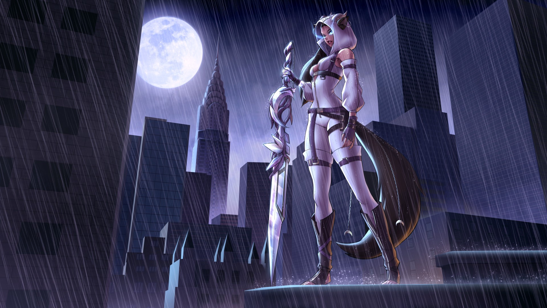 It is evening. The moon is glowing brightly, and rain is pouring heavily. A city skyline can be seen in the background. 

Xedesiri stands atop a building in the rain, her hood up. She is light-skinned and femme-presenting. A chain pattern can be seen atop her hood. Her curled back horns and cat ears are exposed through her hood. Her long hair flows down her right shoulder.

A glowing blueish smoke flows from her eyes. She is wearing an off-white one-piece suit with a slight purple tint. Purple and brown straps are around her underbust and over her shoulders.

She has purple straps around her upper arm, holding up her sleeves. Both sleeves have a zipper running down the side and are the same color as her suit. She wears purple gloves with two straps around her wrists. She is wearing a purple belt. 

She has a brown thigh bag. There are purple straps around her legs, holding up her thigh coverings. She wears purple boots with a zipper up the middle, that is slightly unzipped. There are two straps in a crisscross pattern on her right boot. These boots are open-toed and open-heeled. 

The chain pattern that starts from her hood, travels down her suit in the back. The chains hang down behind her, with two crescent charms at the end of both. She has a long bushy tail. Her right hand is a different tone from her skin. The hand looks crystal-like. 

With this hand, she is holding a crystal-looking sword. It has a chain on the handle that has a cat charm. Purple vines are holding the crystal pieces of the handle together. There is a crescent moon hilt that the vines hold as well. The blade point is resting on the ledge that Xedesiri is standing on.

Xedesiri is looking directly at the viewer with a serious look.