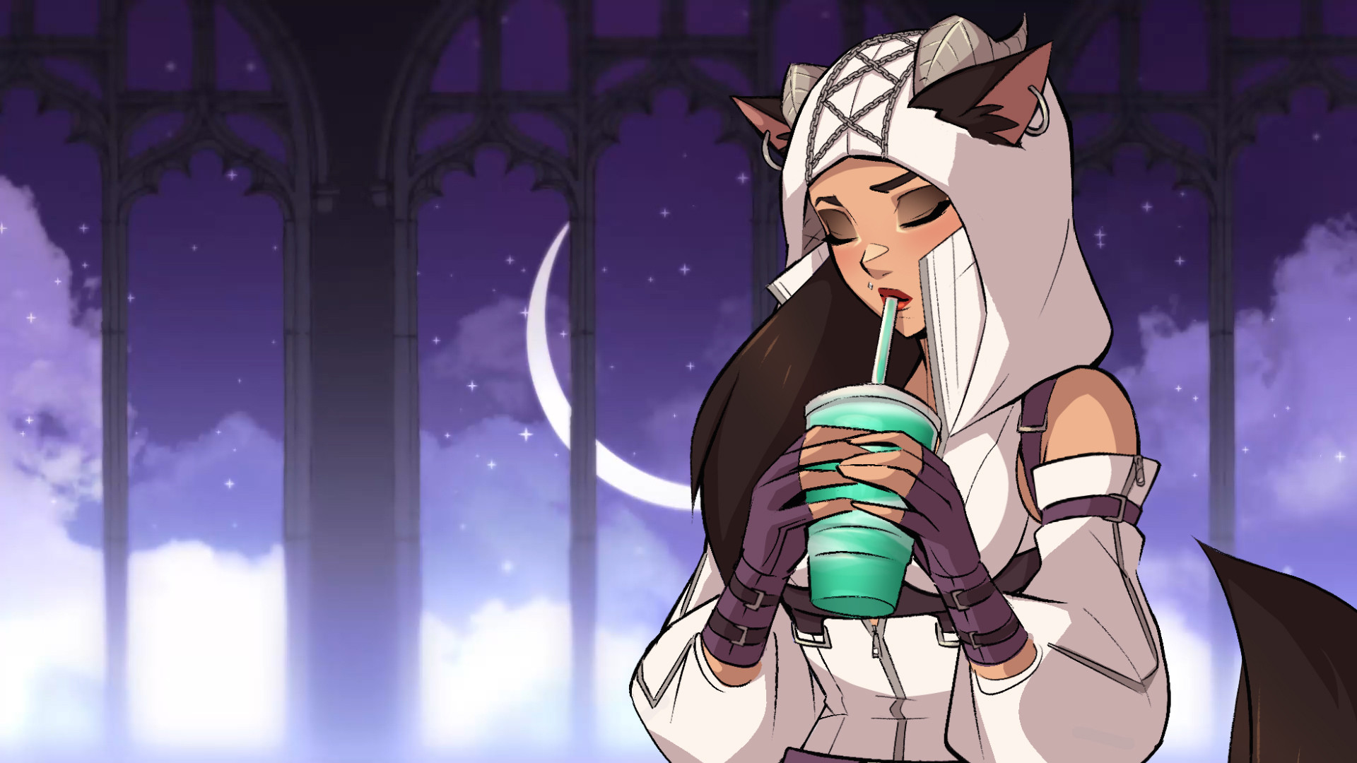 It is evening. A crescent moon can be seen through a large, three-panel, window in the background. Stars surround the moon amongst a purple sky with clouds. 

Xedesiri stands in the foreground, her hood up. She is light-skinned and femme-presenting. A chain pattern can be seen atop her hood. Her curled back horns and cat ears are exposed through her hood. Her long hair flows down her right shoulder.

Her eyes are closed. She has a piercing above her upper right lip. She has dark eyeshadow with red lips. She has dark brown, almost black hair. She wears an off-white one-piece suit with a high-standing collar. Purple and brown straps are around her underbust and over her shoulders.

She has purple straps around her upper arm, holding up her sleeves. Both sleeves have a zipper running down the side and are the same color as her suit. She wears purple gloves with two straps around her wrists. She is wearing a purple belt. 

Her tail, the same color as her hair, is slightly out of frame on the lower right-hand side of the viewer. She is holding a transparent cup with a turquoise beverage inside. Xedesiri is sipping this beverage through a straw in the cup.