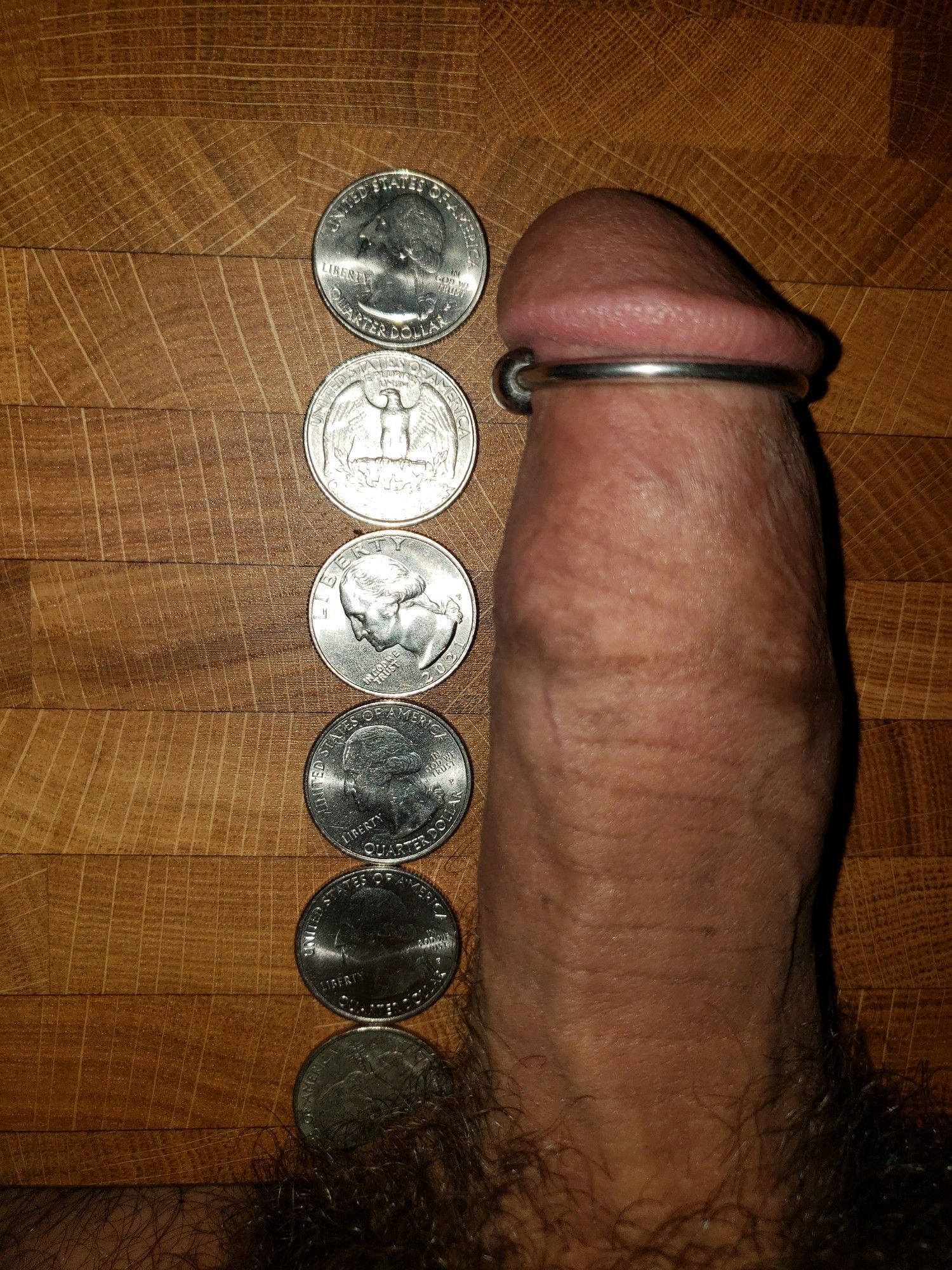 Measurement of a penis using quarters.