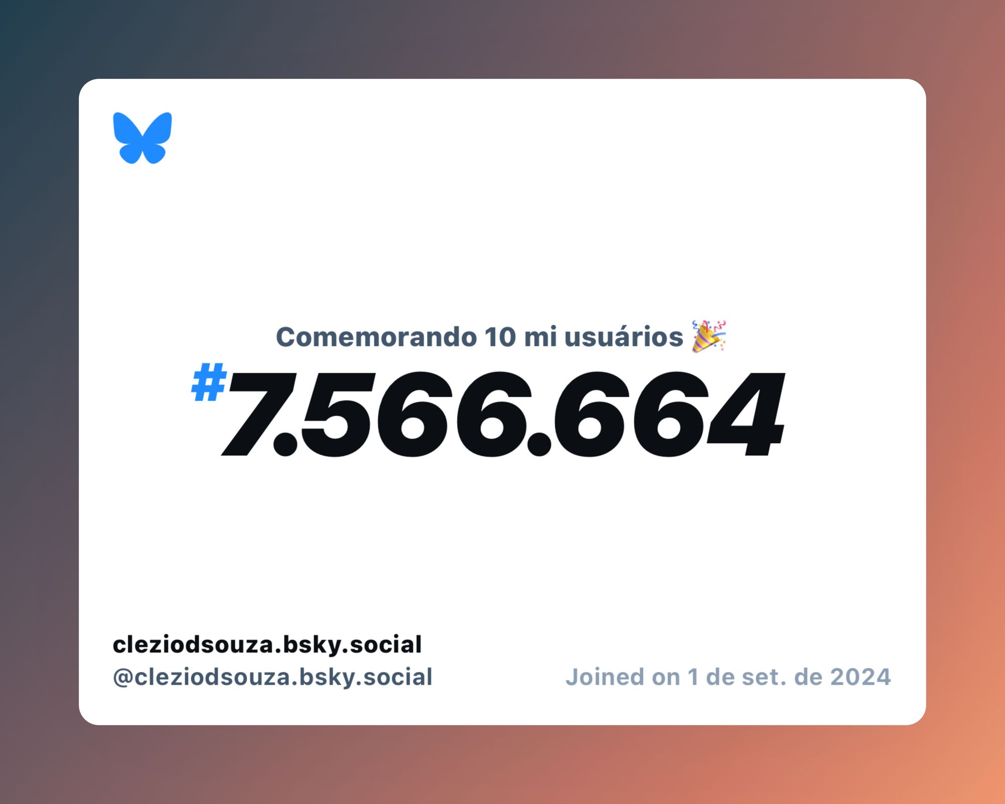 Um certificado virtual com o texto "Comemorando 10 milhões de usuários no Bluesky, #7.566.664, cleziodsouza.bsky.social ‪@cleziodsouza.bsky.social‬, ingressou em 1 de set. de 2024"