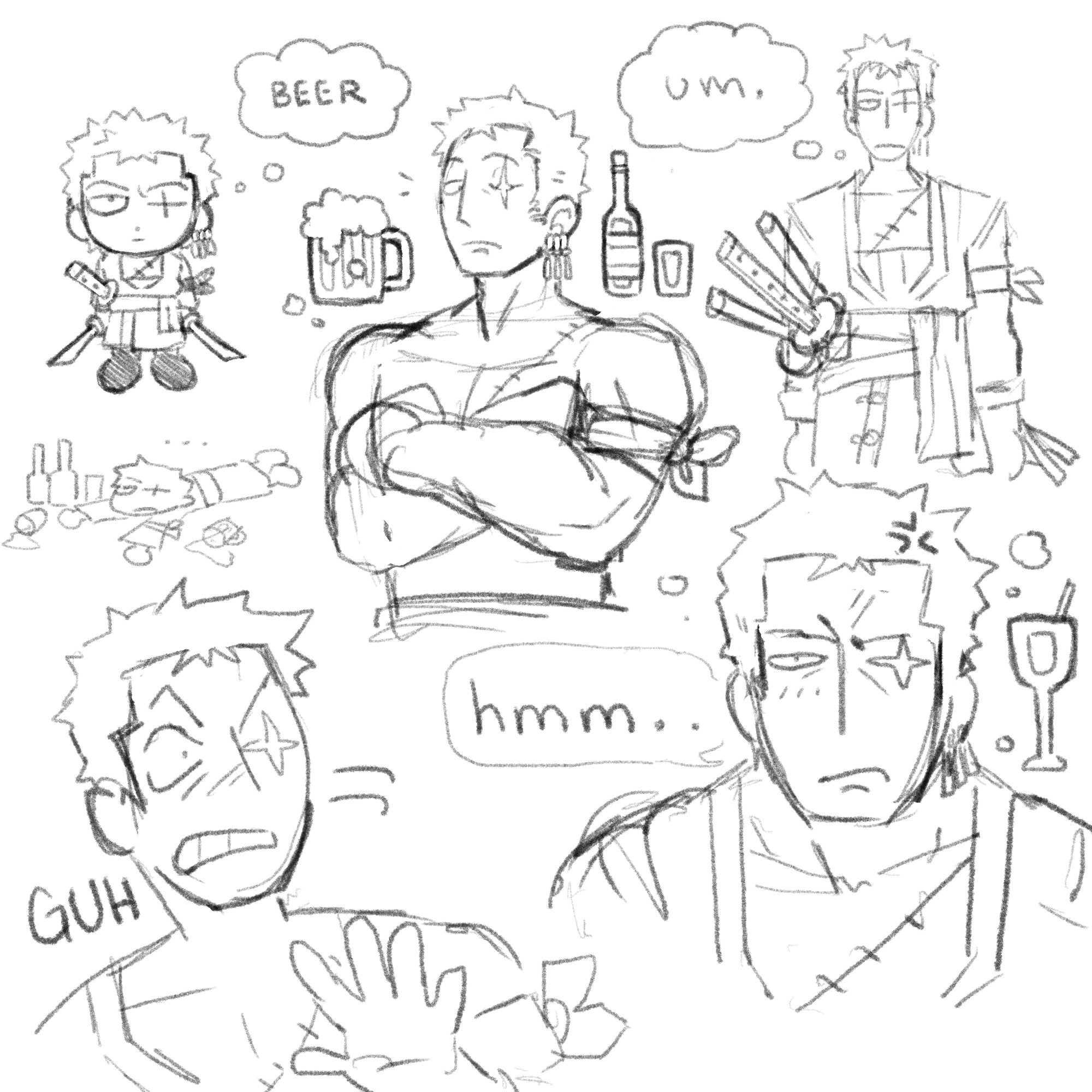 Various Zoro sketches along with a couple small doodles of cups filled with alcohol floating next to him.