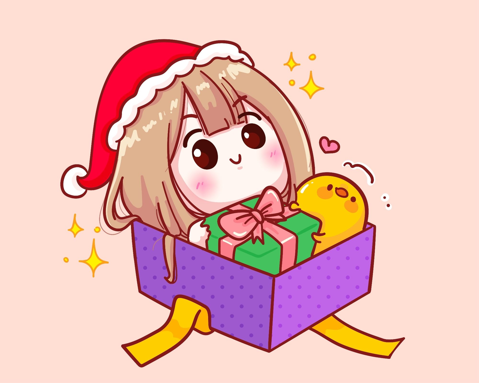 Ilustración de estilo Kawaii. Se ve una caja de regalo abierta y dentro hay una chica con gorro de Papá Noel sujetando otro regalo y, al lado, un muñequito amarillo ayudando a sostener el paquete.