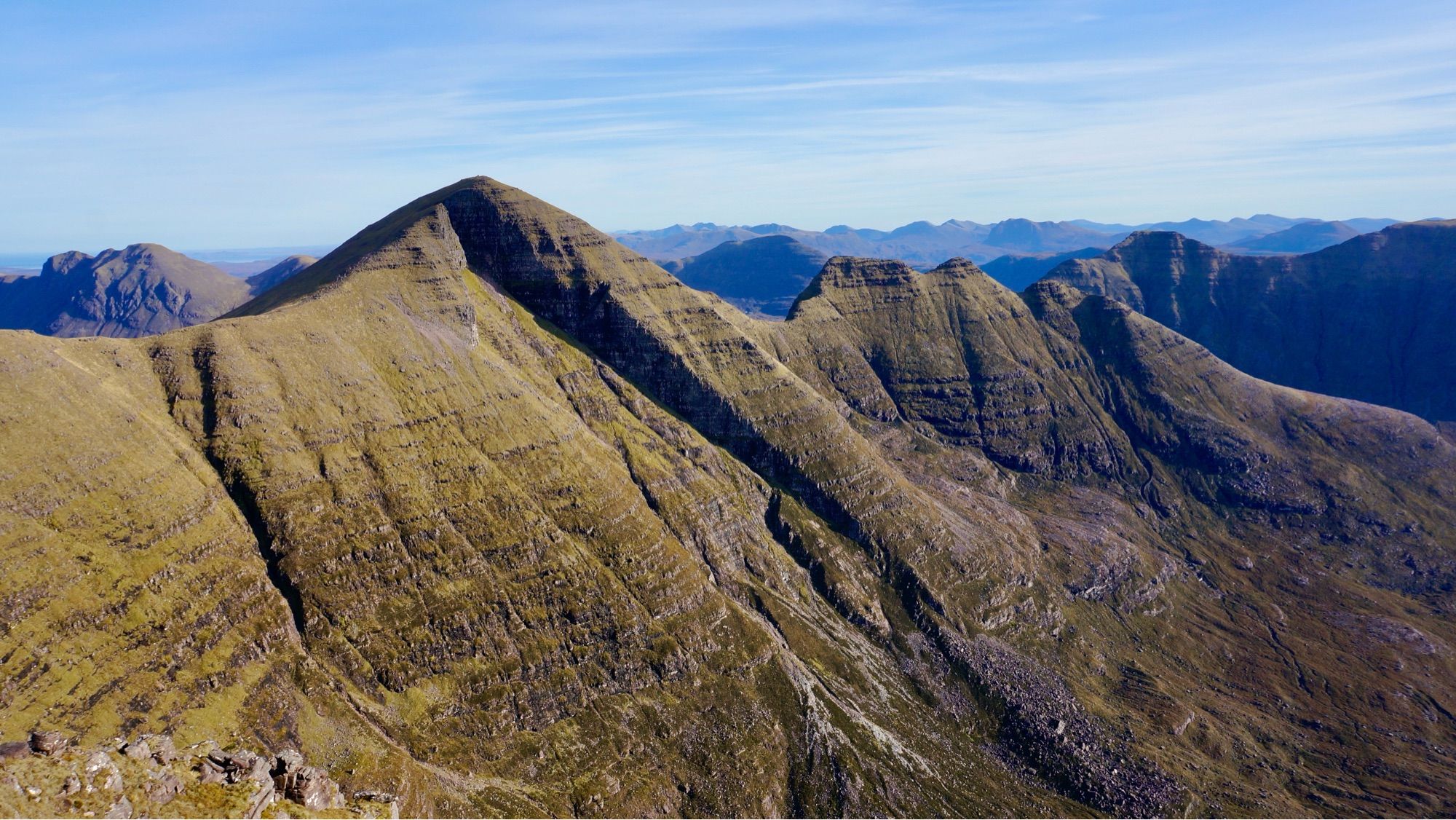 Looking at Beinn Alligin’s second summit - Sgùrr Mòr - and Na Rathanan (called The Horns (of Alligin) in English)