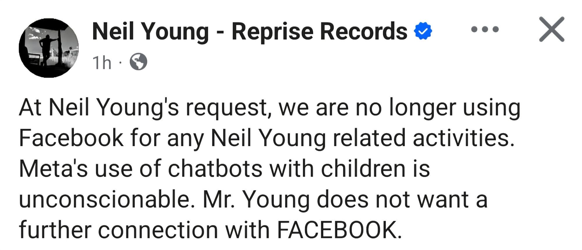 Neil Young statement on leaving Facebook due to Meta's use of chatbots with children.