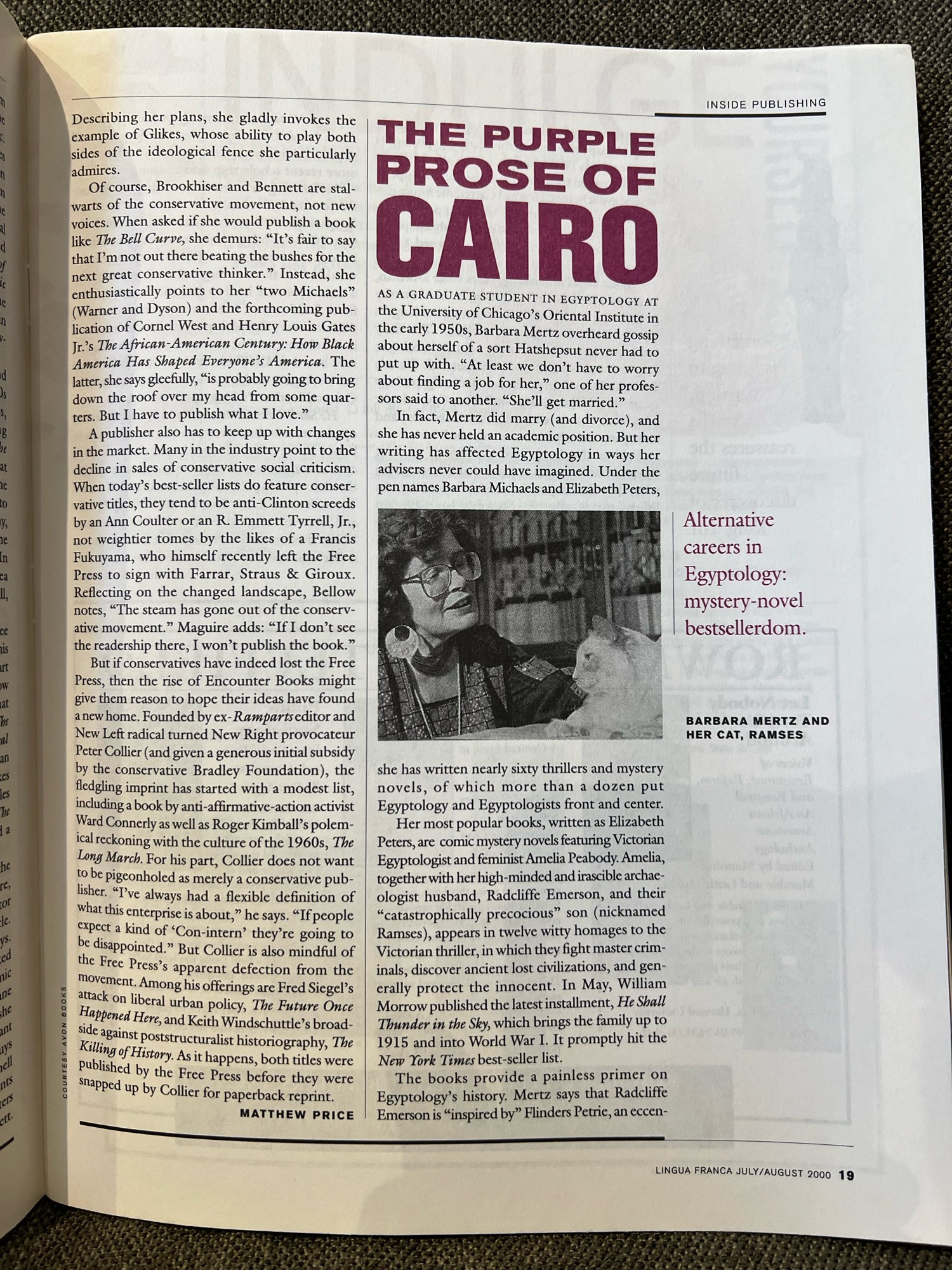 Page 19 of July 2000 issue of Lingua Franca, with article by Michele Tepper, “The Purple Prose of Cairo”