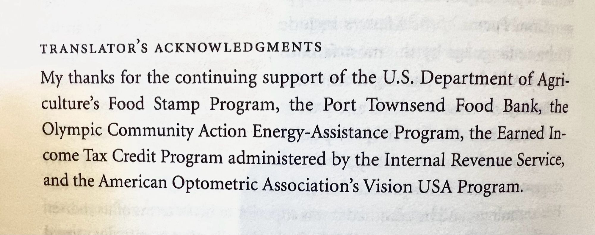 Acknowledgments to Red Pine’s translation of “Poems of the Masters,” in which he thanks food stamps and food pantries and the Earned Income Tax Credit