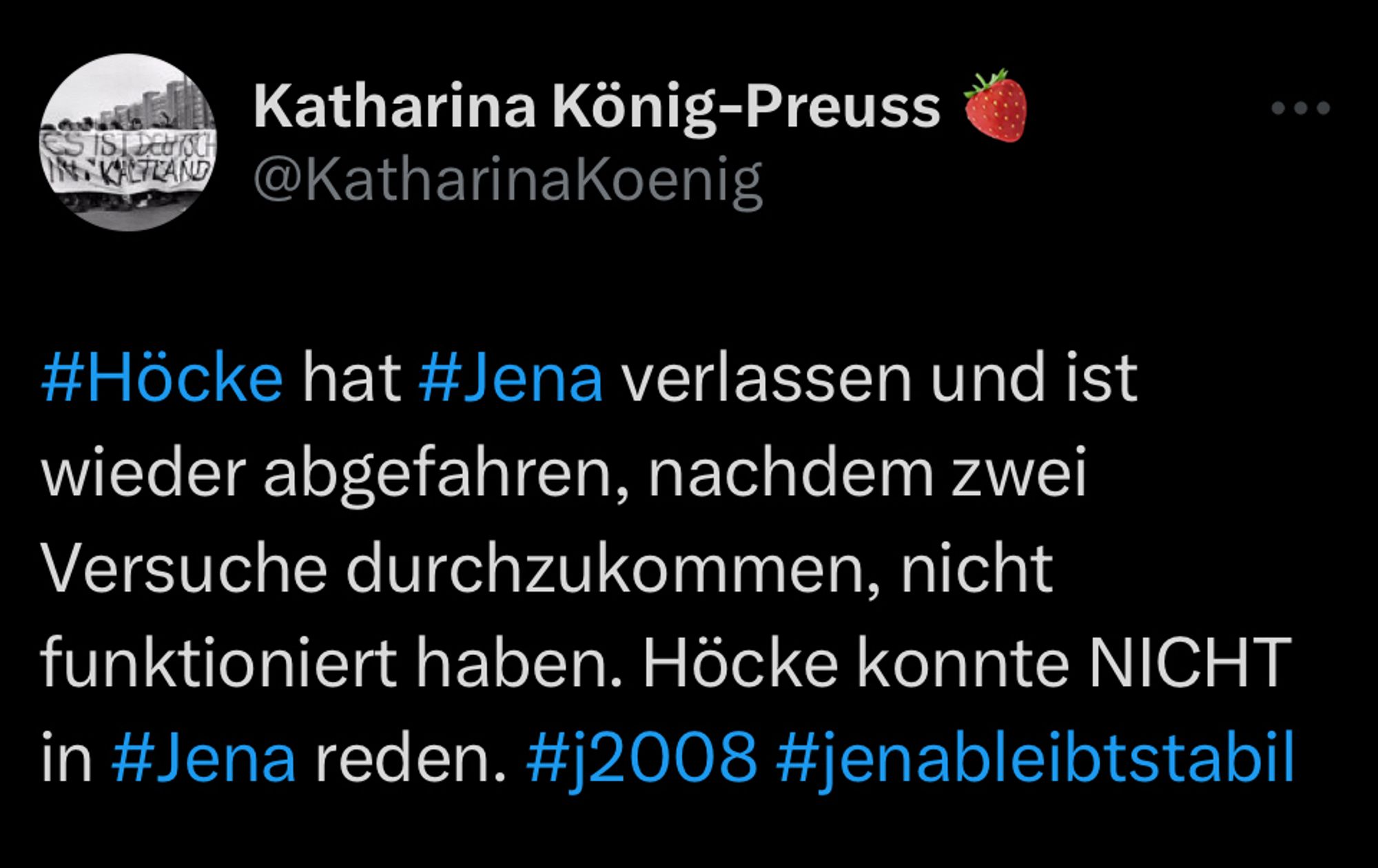 Katharina König-Preuss
@KatharinaKoenig
#Höcke hat #Jena verlassen und ist wieder abgefahren, nachdem zwei Versuche durchzukommen, nicht funktioniert haben. Höcke konnte NICHT in #Jena reden. #j2008 #jenableibtstabil