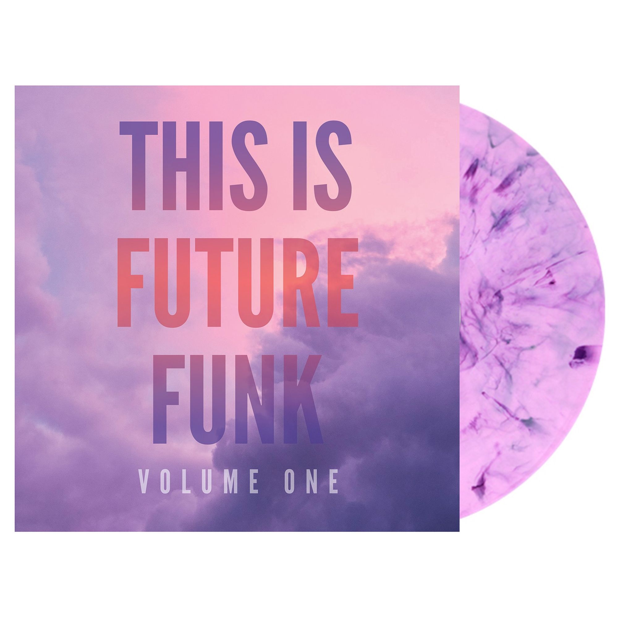 This is a picture of the cover of the LP edition of the album "This is Future Funk Volume One". The cover shows a cloudscape in a pinkish-purple hue, with the title superimposed on the front in large sans-serif font. The vinyl is a marbled-purple color.