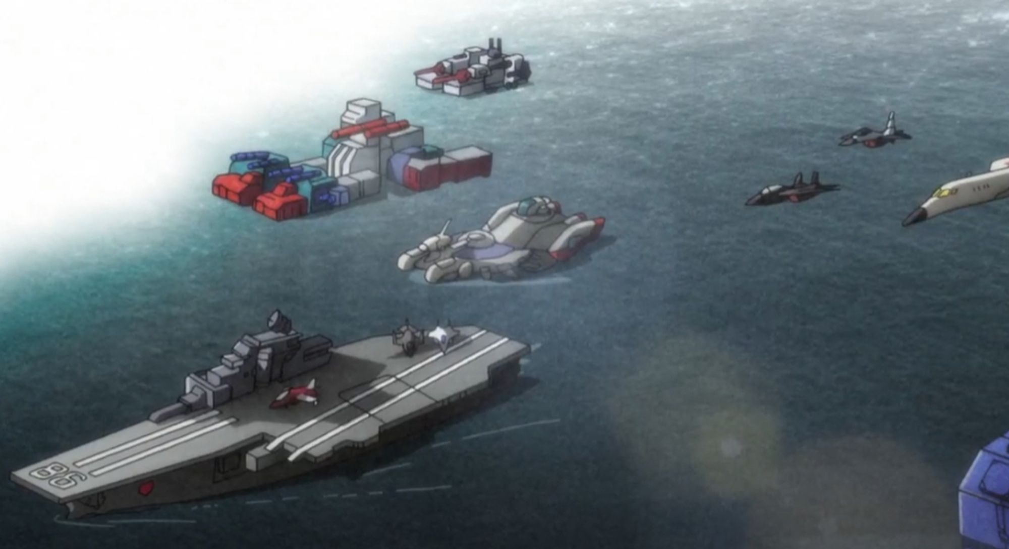 Screen cap from the Studio Trigger Transfomers 40th Anniversary video, a nava scene showing several Autobot/Maximal ships on an ocean with the Aerialbots (plus one?!) accompanying them.