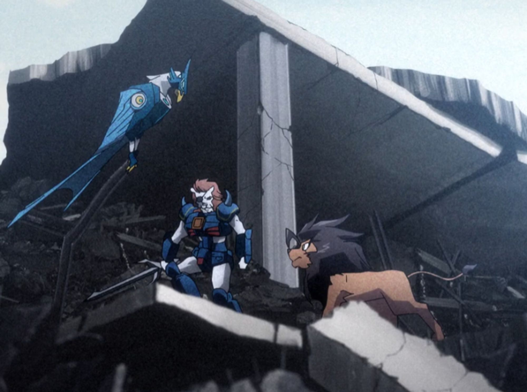 Screen cap from the "TRIGGER × Transformers 40th Anniversary Special Movie", showing Aerobolt (Mini-Con eagle from "Robots in Disguise" (2016), Beastformer White Leo (an anthropomorphic white lion in blue robot armor, aka "Pirate Lion:" from "Battle Beasts", and Lio Junior in beast mode (from "Beast Wars II")