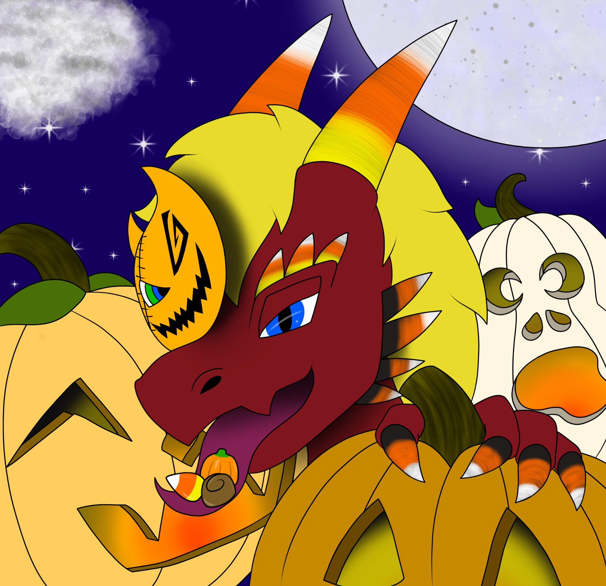 A red dragon with blonde hair and blue eyes among Jack o lanterns of various colors and faces. The dragon has a demon like mask over part of the face. His horns and nails painted to look like candy corn. He has some candy corn a mallow pumpkin and a piece of chocolate on his tongue ready to eat. The moon high and bright in a star filled night sky.