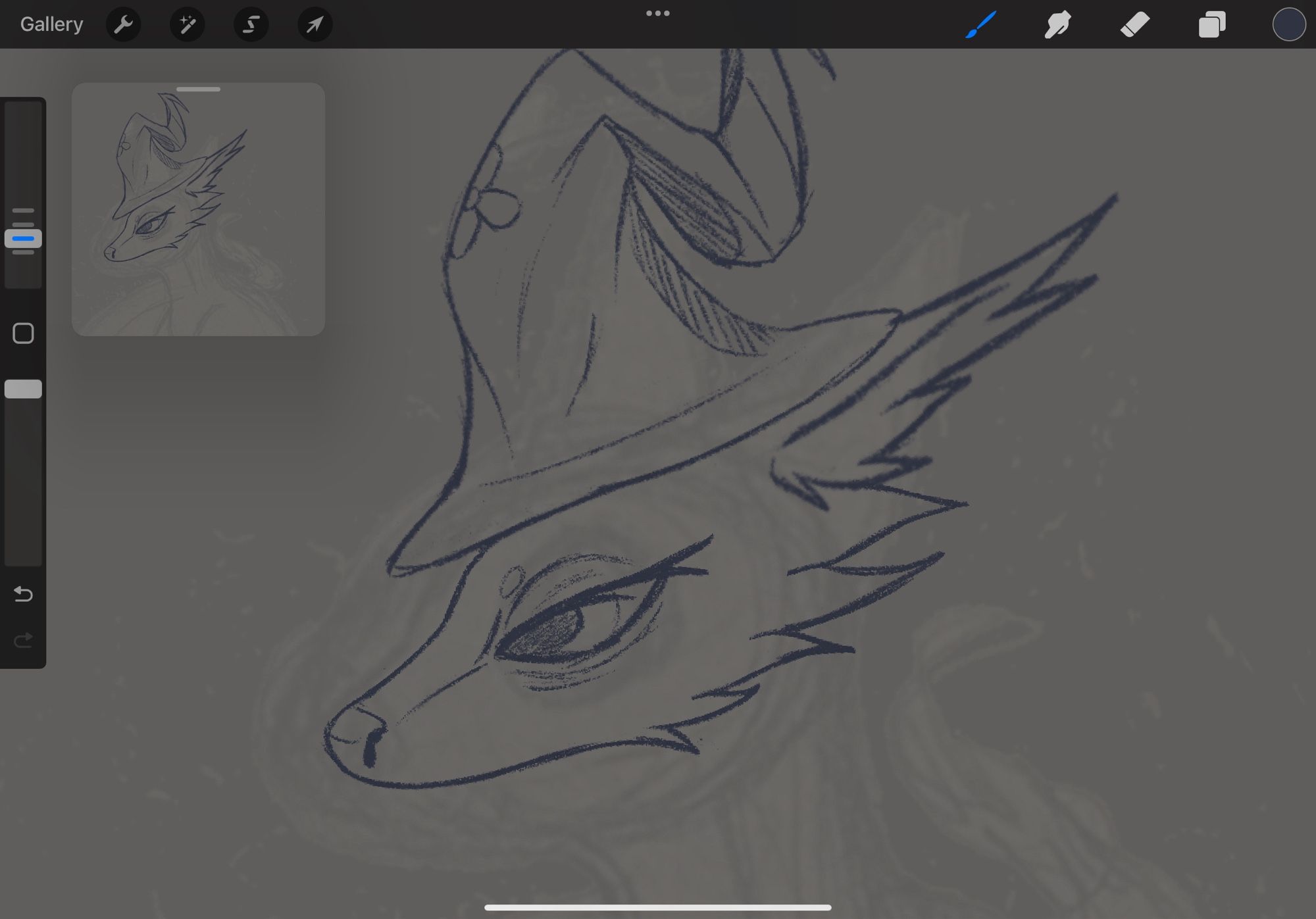 Sketch of fox head with sleepy eyes wearing a witches hat