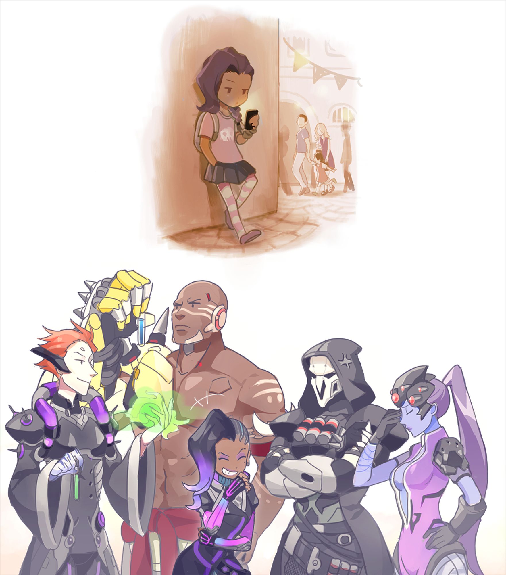 On the top of the picture: young Sombra is leaning on a street wall checking a phone. 

On the bottom of the picture: mature Sombra is giggling while being surrounded by her Talon members - Moira, Doomfist, Reaper, and Widowmaker. Seems like most of them are not happy what kind of mischief she made.