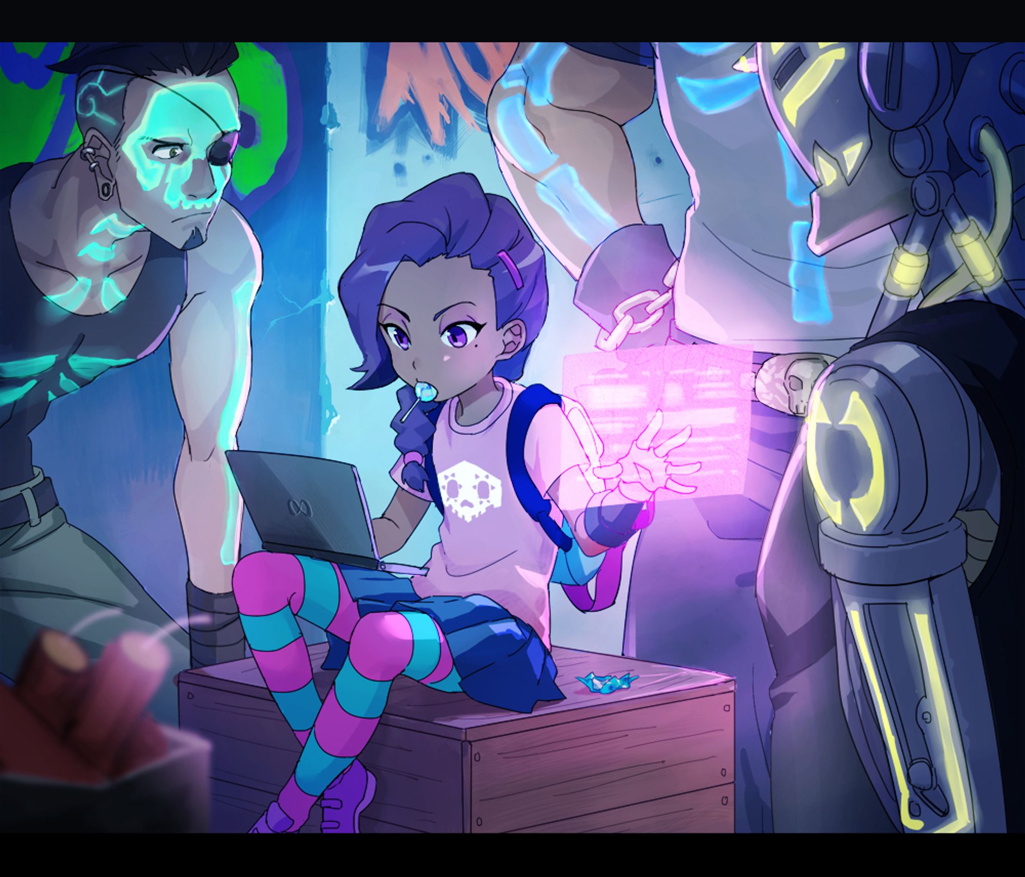 Young Sombra is sitting on a crate and using a laptop with her right hand and a holographic display with her left hand. Three thugs are curiously watching her doing her hacking thing.