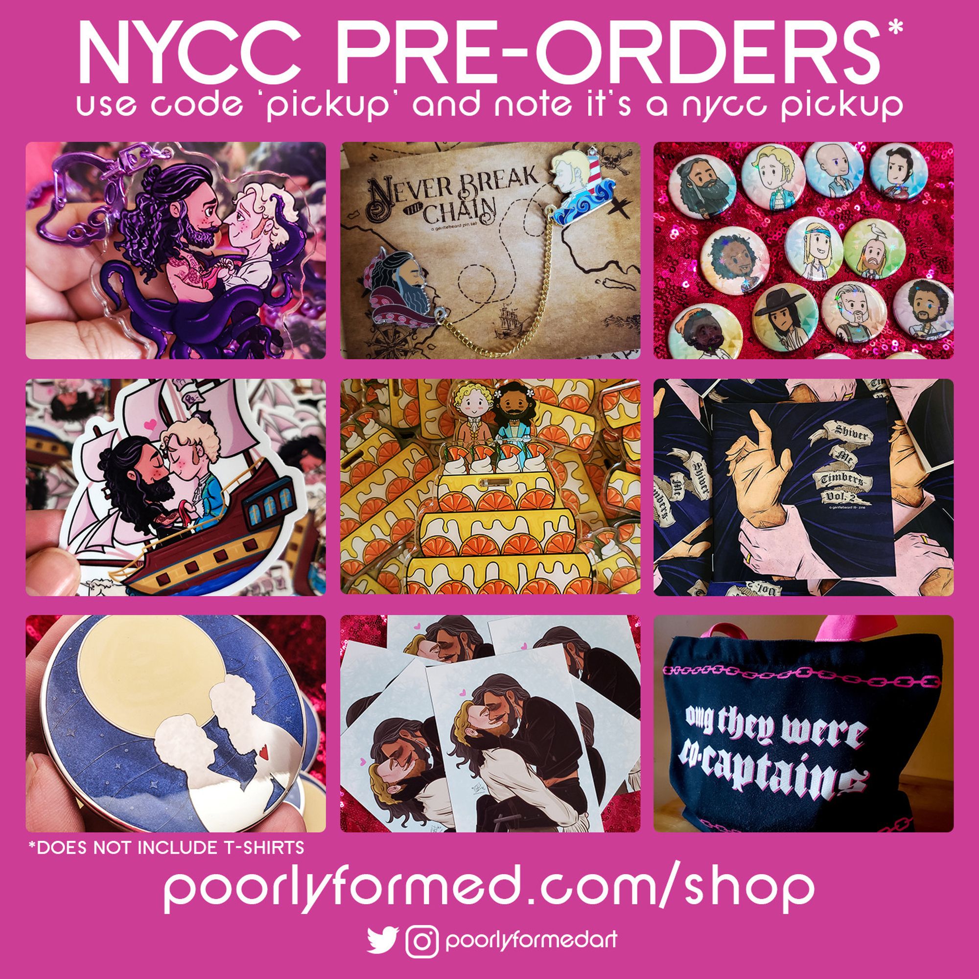 promo graphic showing some of my OFMD merch. you can use code "pickup" and note that you are picking up at NYCC.