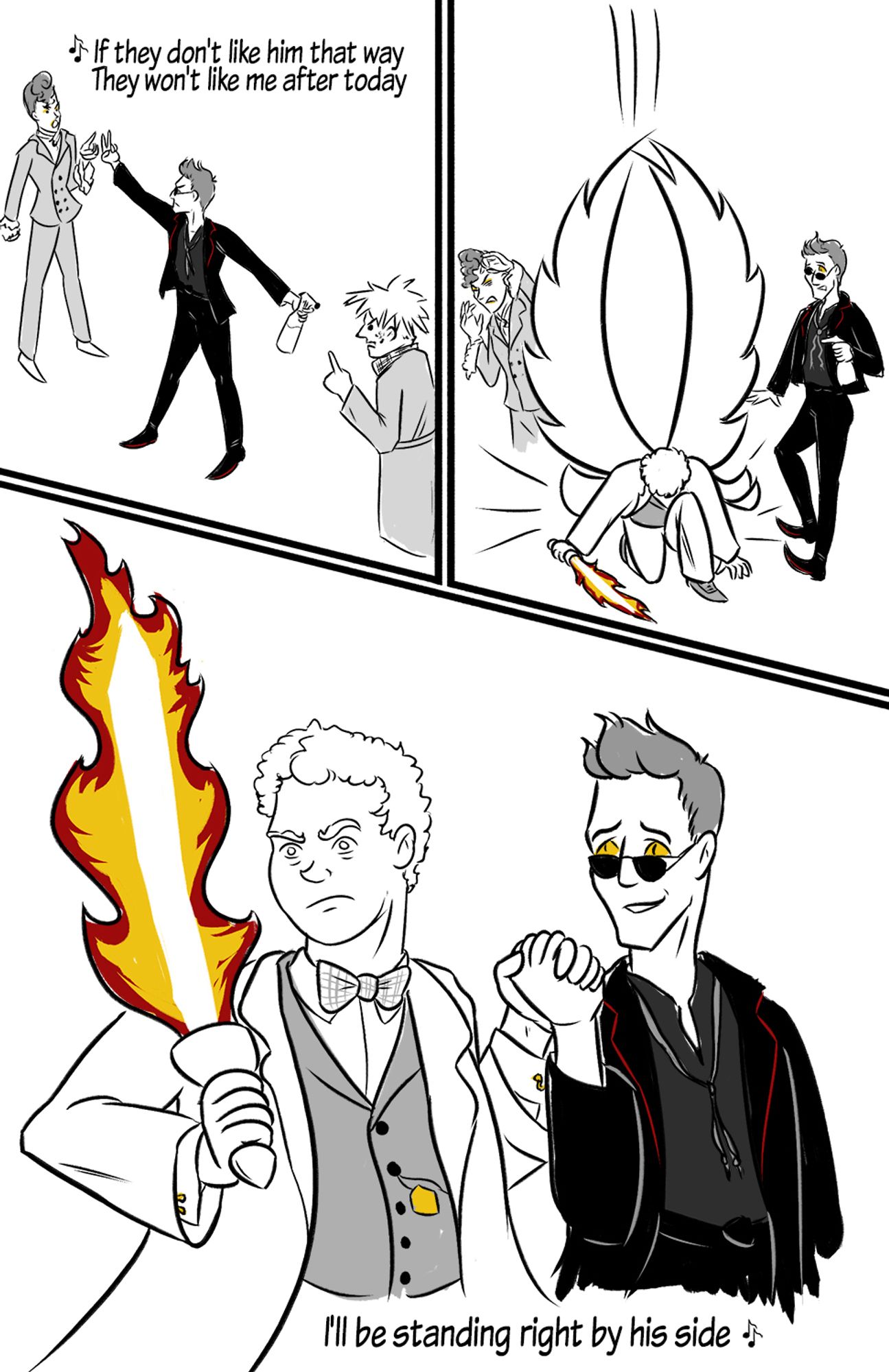 First panel: "If they don't like him that way, they won't like me after today." Michael on one side of Crowley, Hastur on the other. Crowley is flipping Michael off and poiting a spray bottle at Hastur.

Second panel: Aziraphale superhero lands between Michael and Crowley, holding his flaming sword.

Third panel: "I'll be standing right by his side." Aziraphale stands fiercely, holding the sword in one hand and Crowley's hand in the other. Crowley is looking at him and smiling, completely smitten.