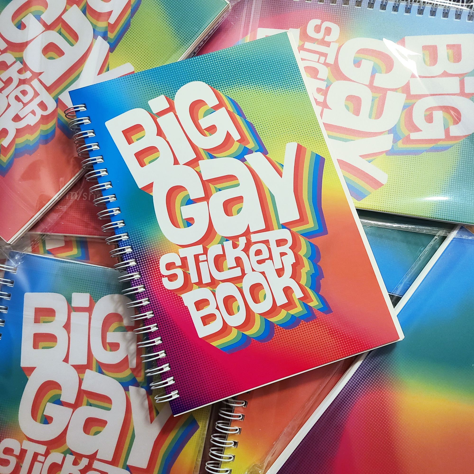 a spiral notebook with a rainbow gradient. in big white letters with rainbow stripes it says "Big gay sticker book"