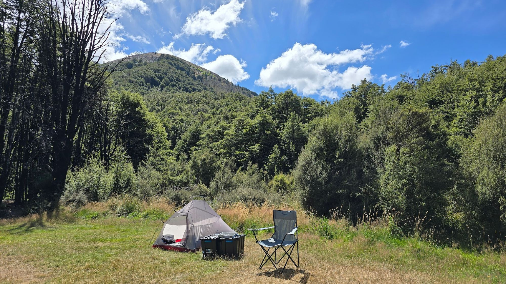 My little tent and chair at Mistletoe Flat, with Helicpoter Hill in the background and lost of trees and bushes behind my tent. I didn't have the whole campsite to myself but I did have this area to myself.