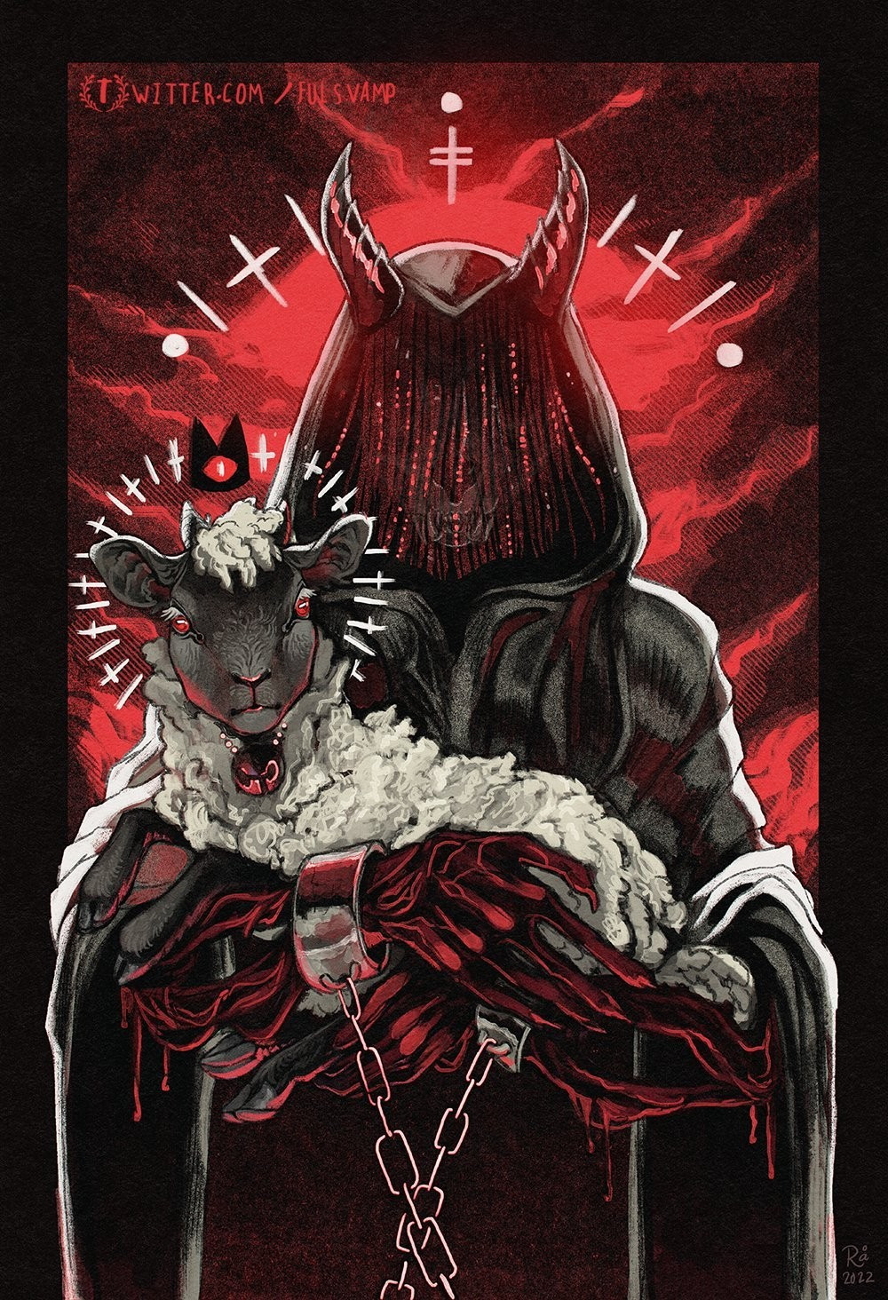 A Red/black/white painting of characters from the Cult of the Lamb game. Narinder is cloaked in a dark veil where only the lower part of his face is visible. He is holding lamb in his arms. Lamb is drawn as a feral sheep, wearing Narinder's crown. The style of which the painting is drawn in is similar to that of orthodox Christian iconography.