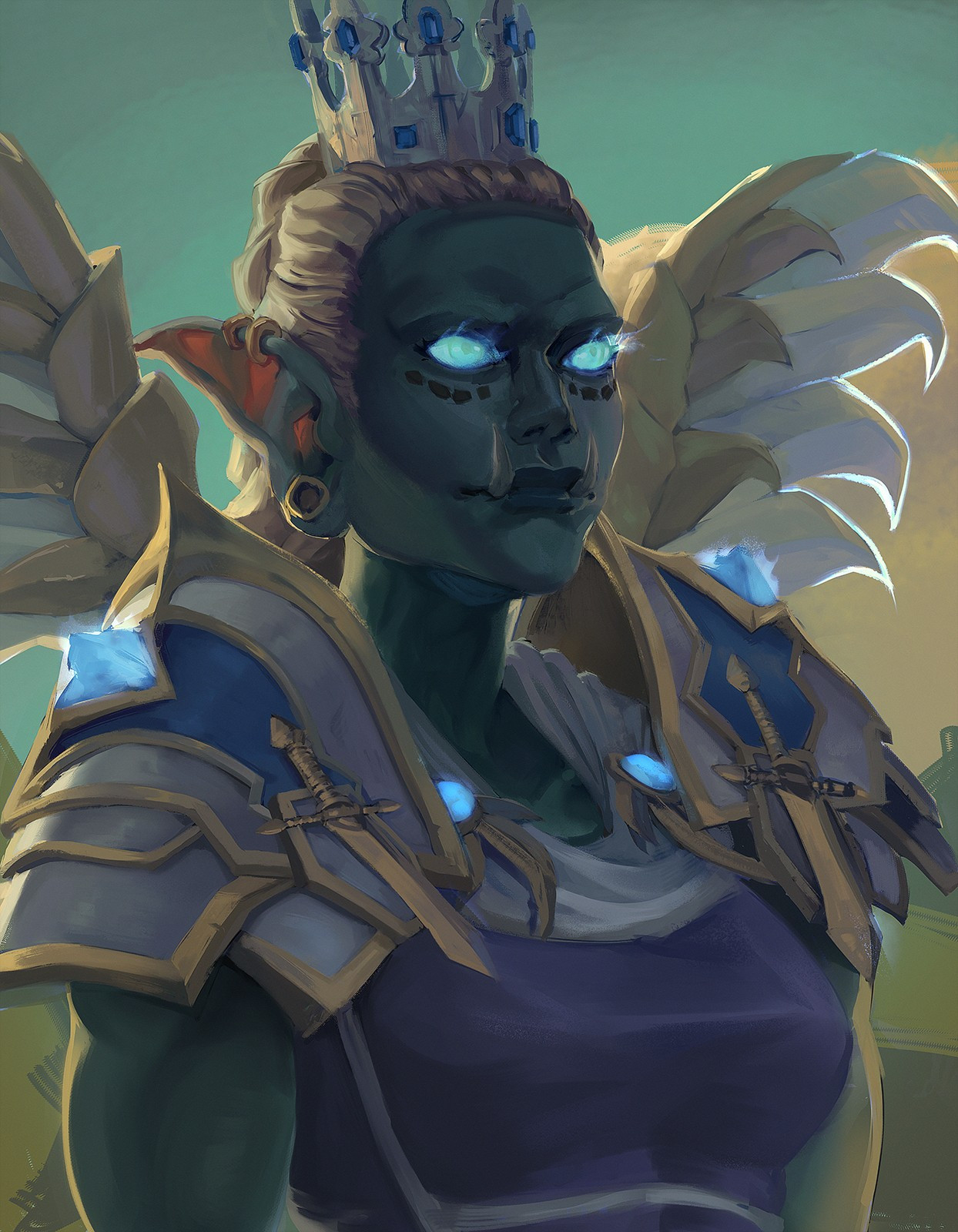 A stoic Zandalari Troll gazes off into the distance of Zuldazar.  She has dark seafoam green skin and glowing ice blue eyes.   She is clad in blue white and gold Paladin challenge mode armour.