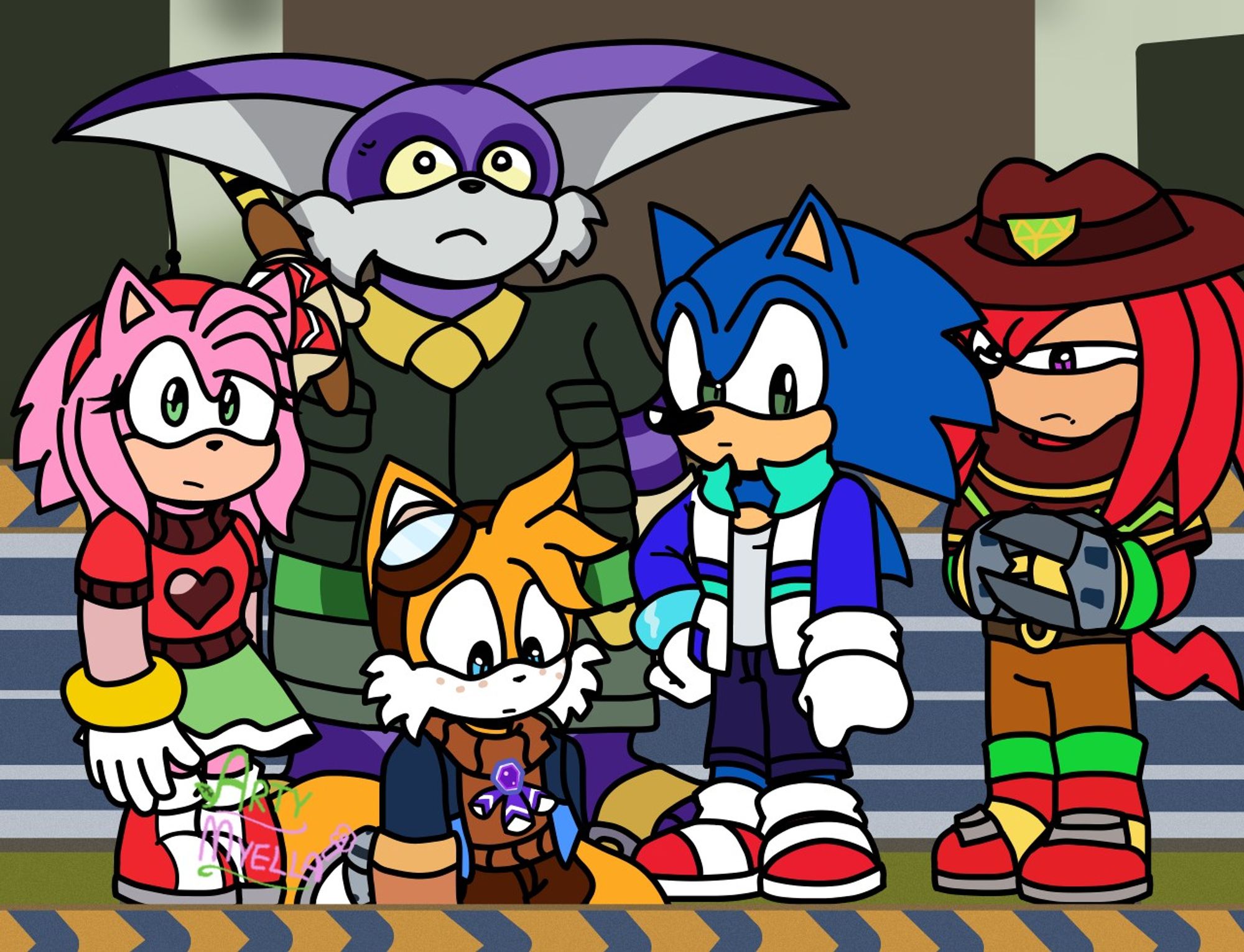 The final scene of Sonic Adventure, depicting most of the playable cast (with their obtainable gear) in the destroyed Station Square after Perfect Chaos' attack. Amy, Big, and Sonic seem to be looking around, while Tails and Knuckles appear more contemplative.