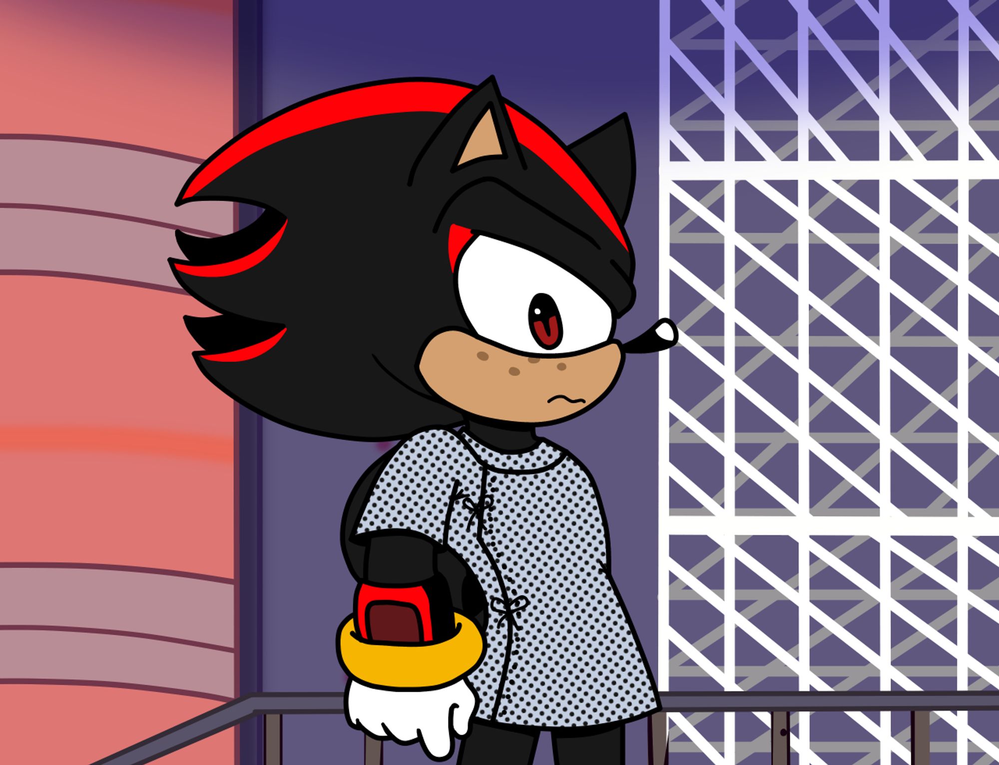 The moment where Shadow awakens at the start of the Dark Story of Sonic Adventure 2. Unlike the original scene, Shadow is wearing an old-looking hospital gown.