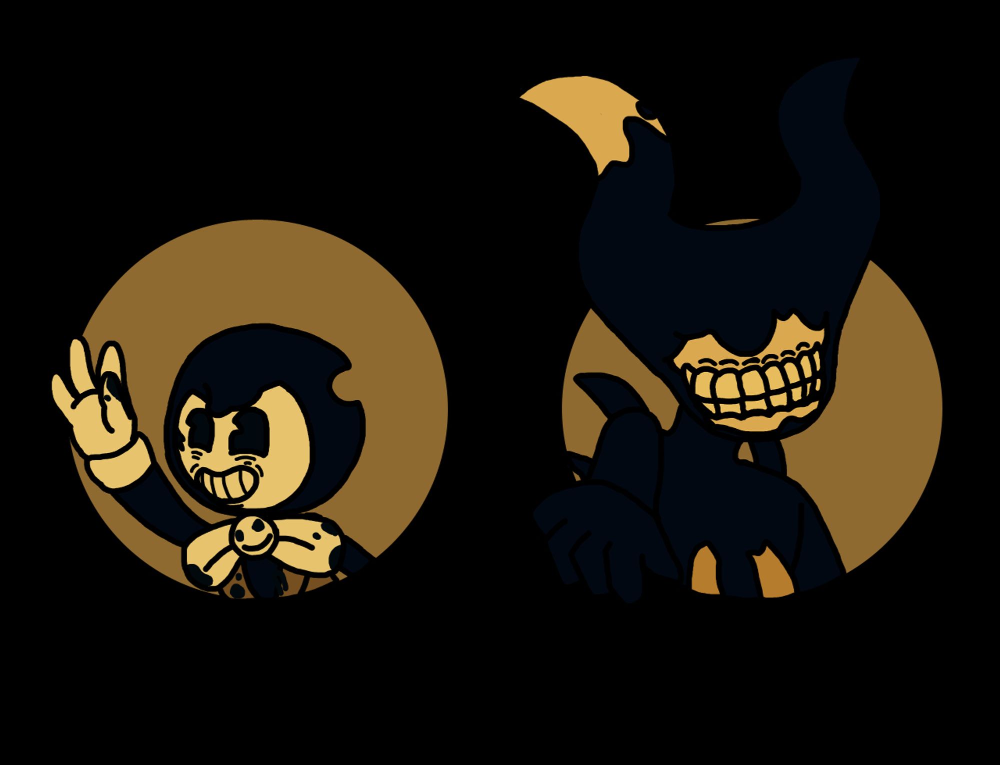 On the left, Toon Bendy, and on the right, the Ink Demon, both from Bendy and The Dark Revival.