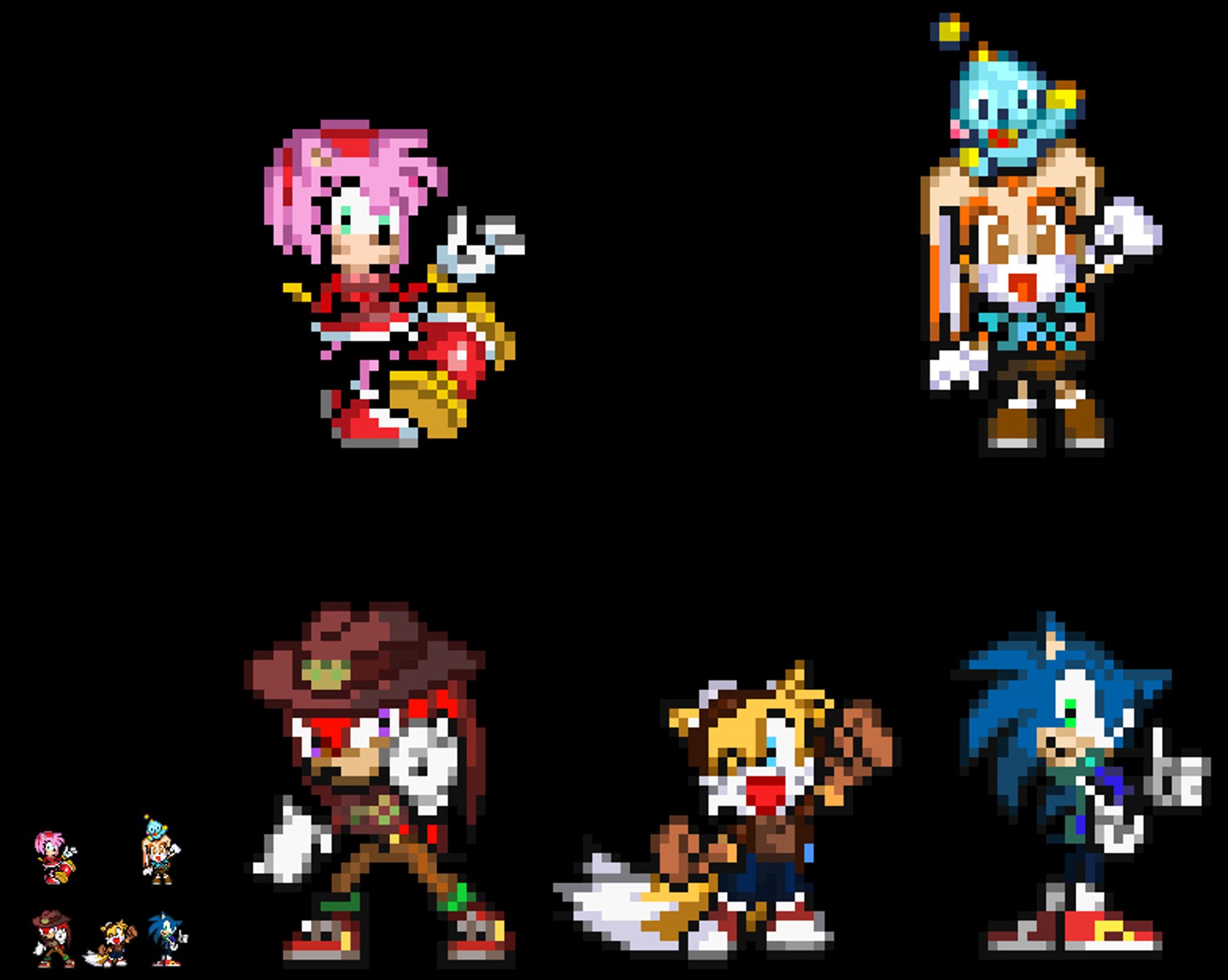 In the lower-left corner, the sprites are in their original size. The rest of the image features the same sprites but expanded to a bigger size.