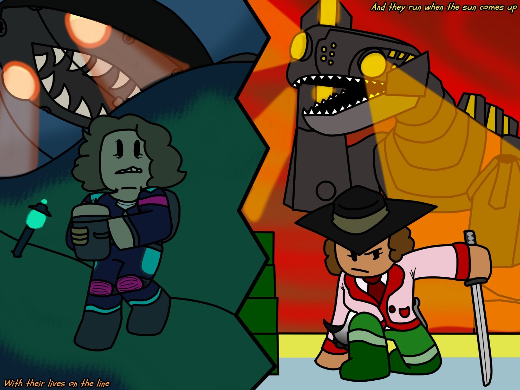 On the left, my Pressure persona (wearing the Knight jumpsuit - based on Kris from deltarune) dealing with a Searchlight during the ending encounter. On the right, my Combat Initiation avatar fighting the Great Drakkobloxer at the Rocket Arena.