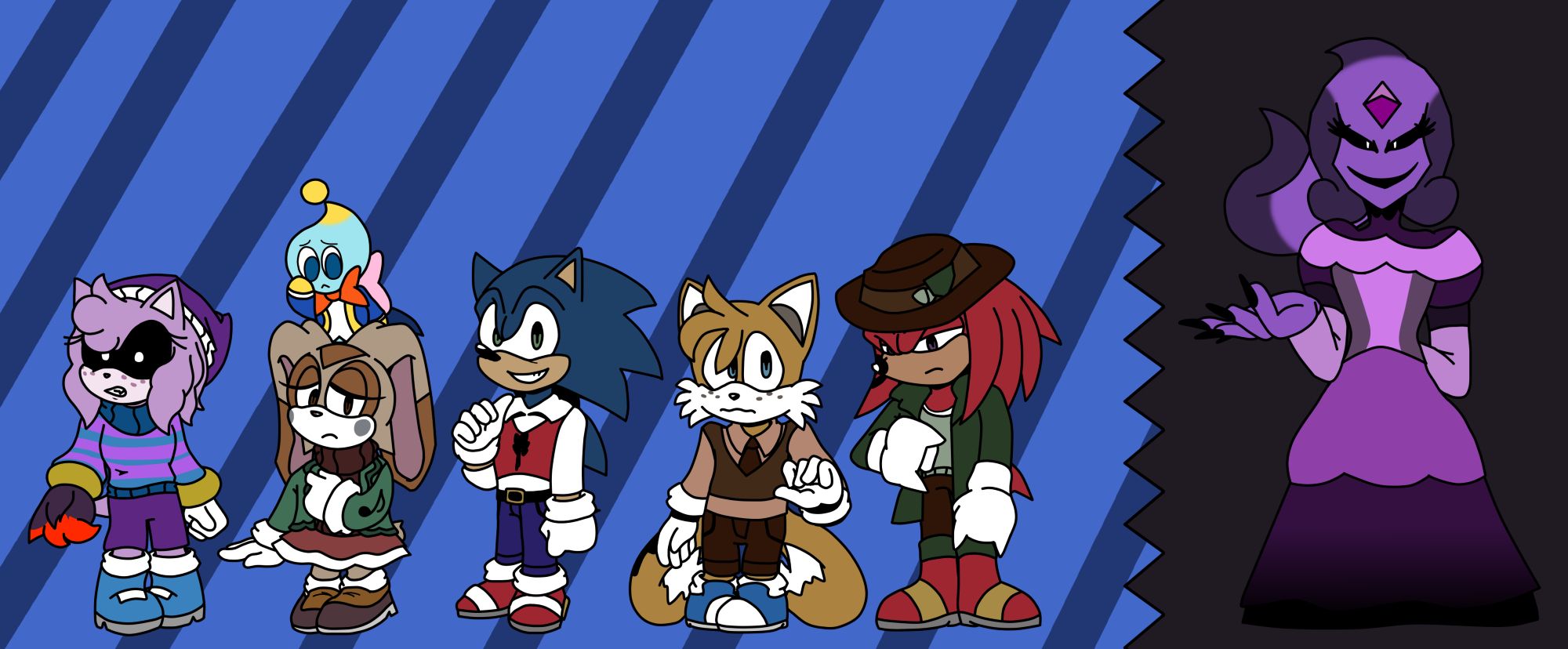 From left to right: Amy "Virtuosity" Rose, Cream the Rabbit (w/ Cheese the Chao), Sonic the Hedgehog, Miles "Tails" Prower, Knuckles the Echidna, and SCHADENFREUDE.