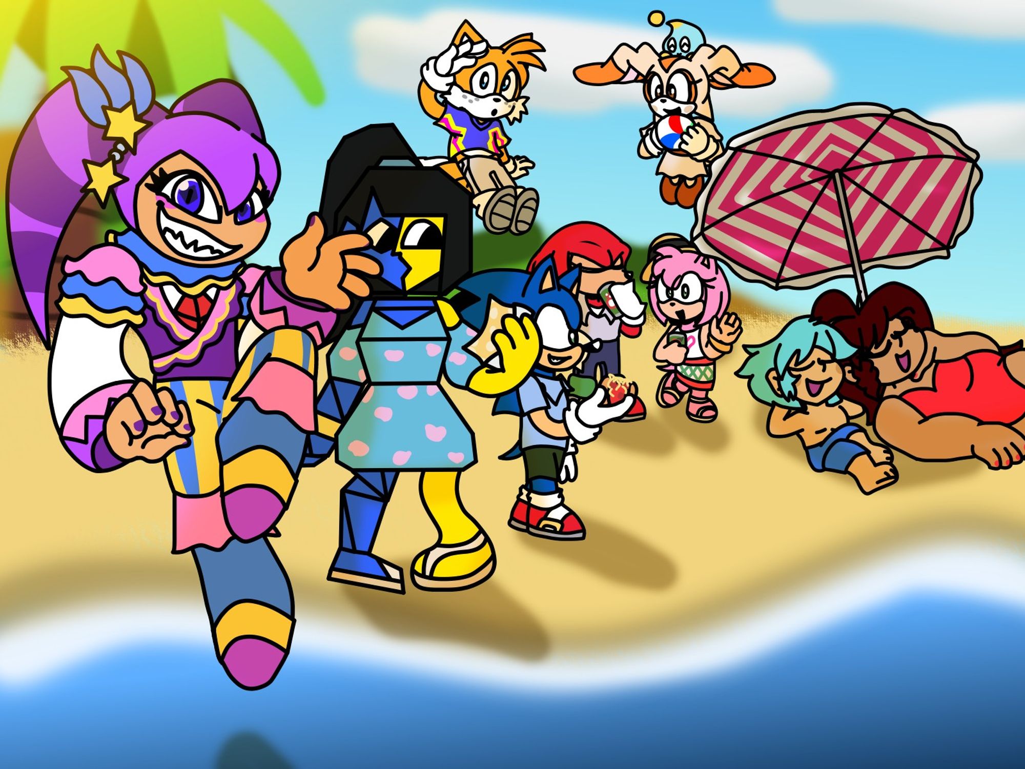 NiGHTS' attire is based on multiple carnival/samba school attires. As for the foods in each character's hands; pastel (ENA), Brazillian hot dog (Sonic), and Guaraná Antarctica soda (Knuckles & Amy).