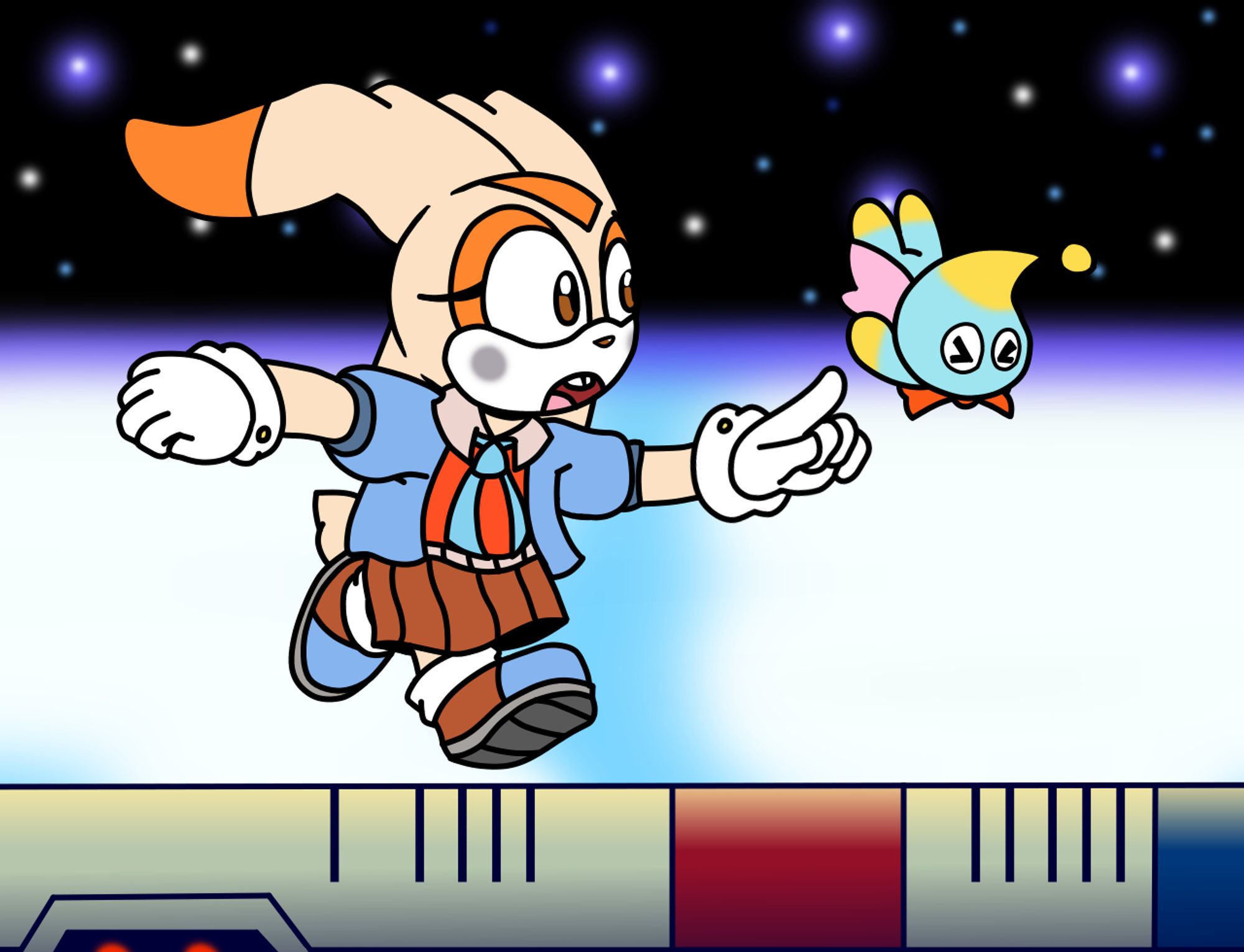 Cream the Rabbit dashing through XX Zone from Sonic Advance 2, while commanding Cheese the Chao to attack.