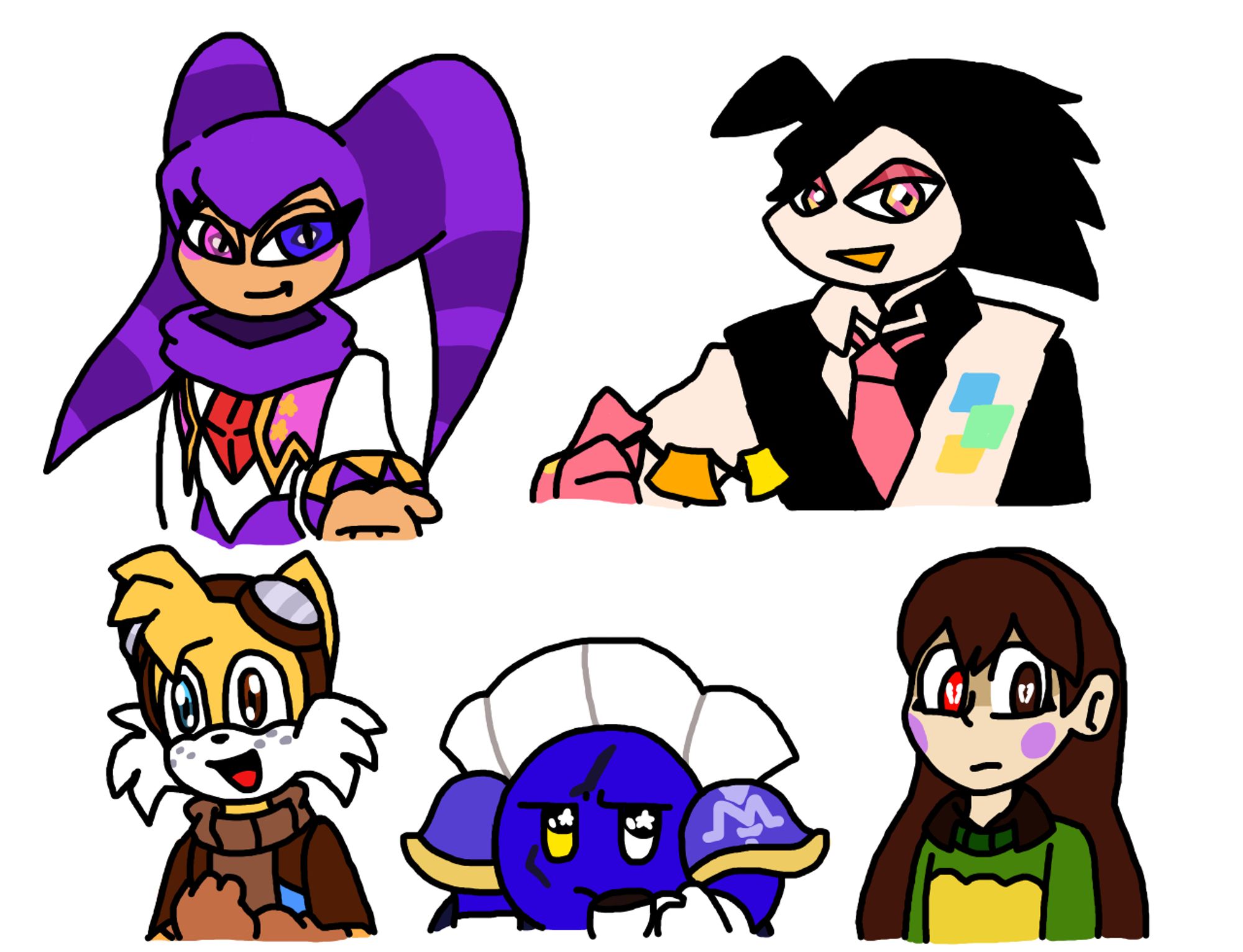 Day 1: Heterochromia - NiGHTS with a pink eye and a indigo eye, Swatch with half-peach and half-gold eyes, Tails with a blue eye and a brown eye, Meta Knight with a yellow eye and a white eye, and Chara with a red eye and a brown eye.