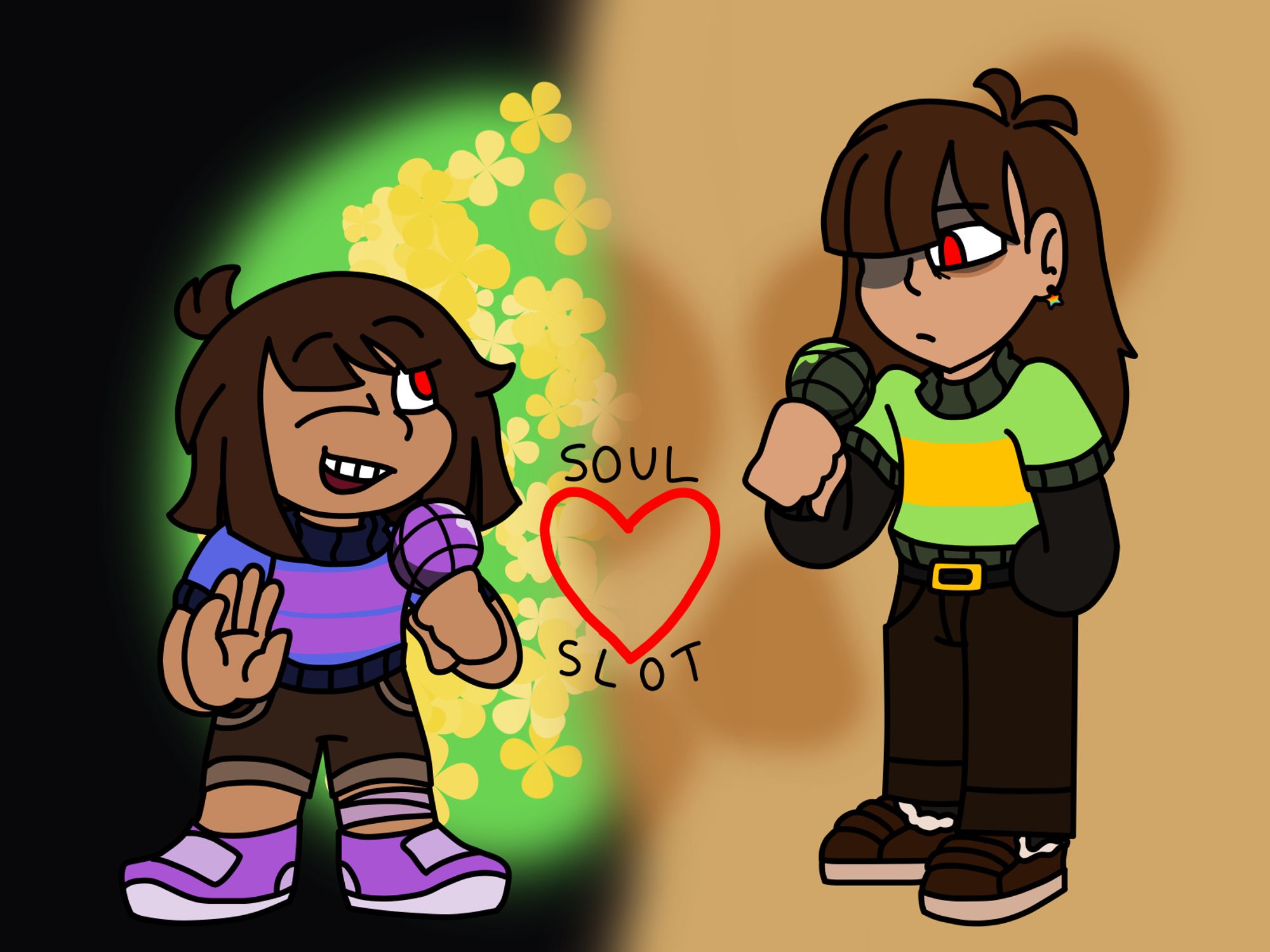 On the left, Frisk from UNDERTALE at the flowerbed from the beginning of the game. On the right, Kris from deltarune in their bedroom in their home.